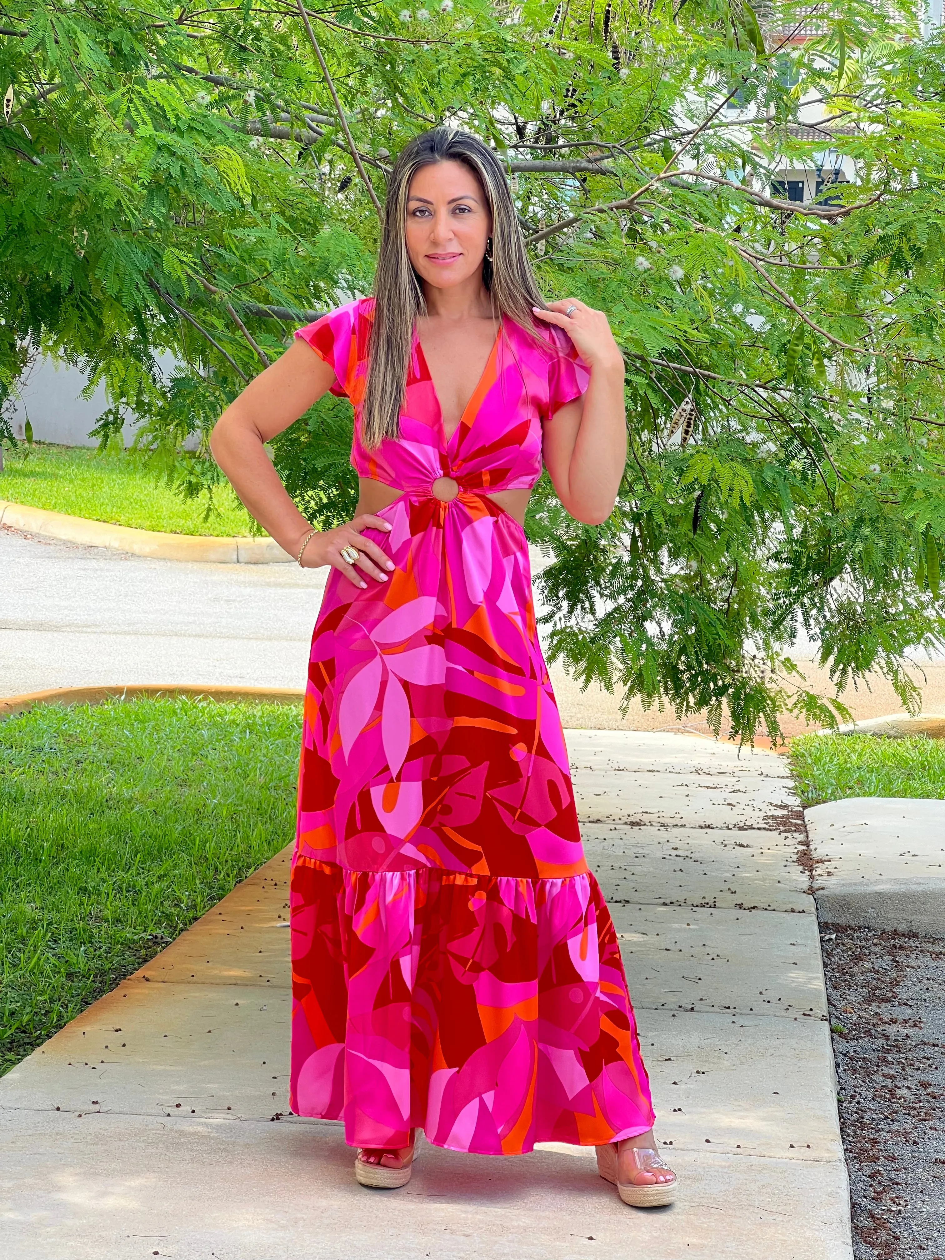 "Bari" Sangria Abstract O-Ring Cut Out Midi Dress