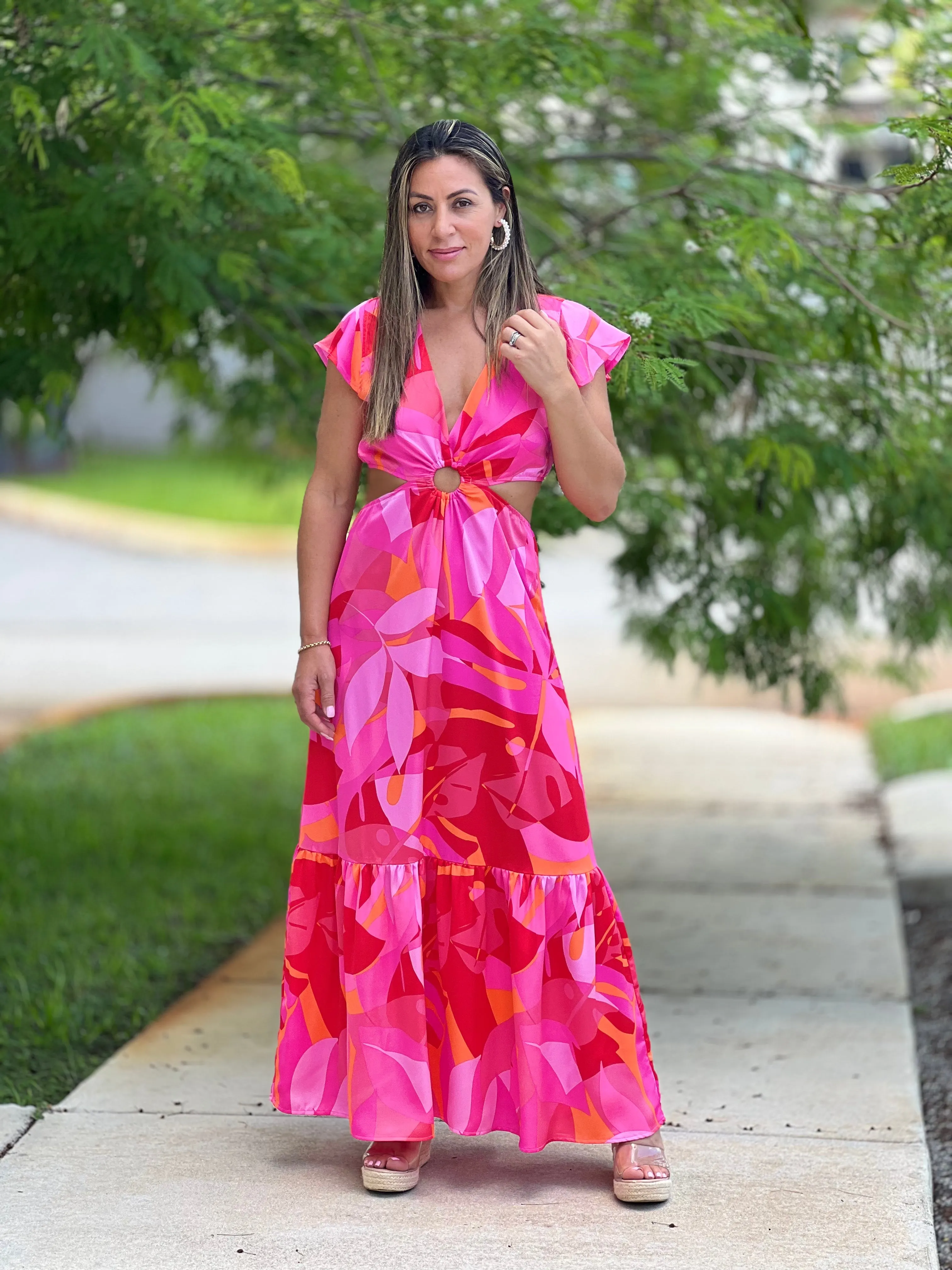 "Bari" Sangria Abstract O-Ring Cut Out Midi Dress