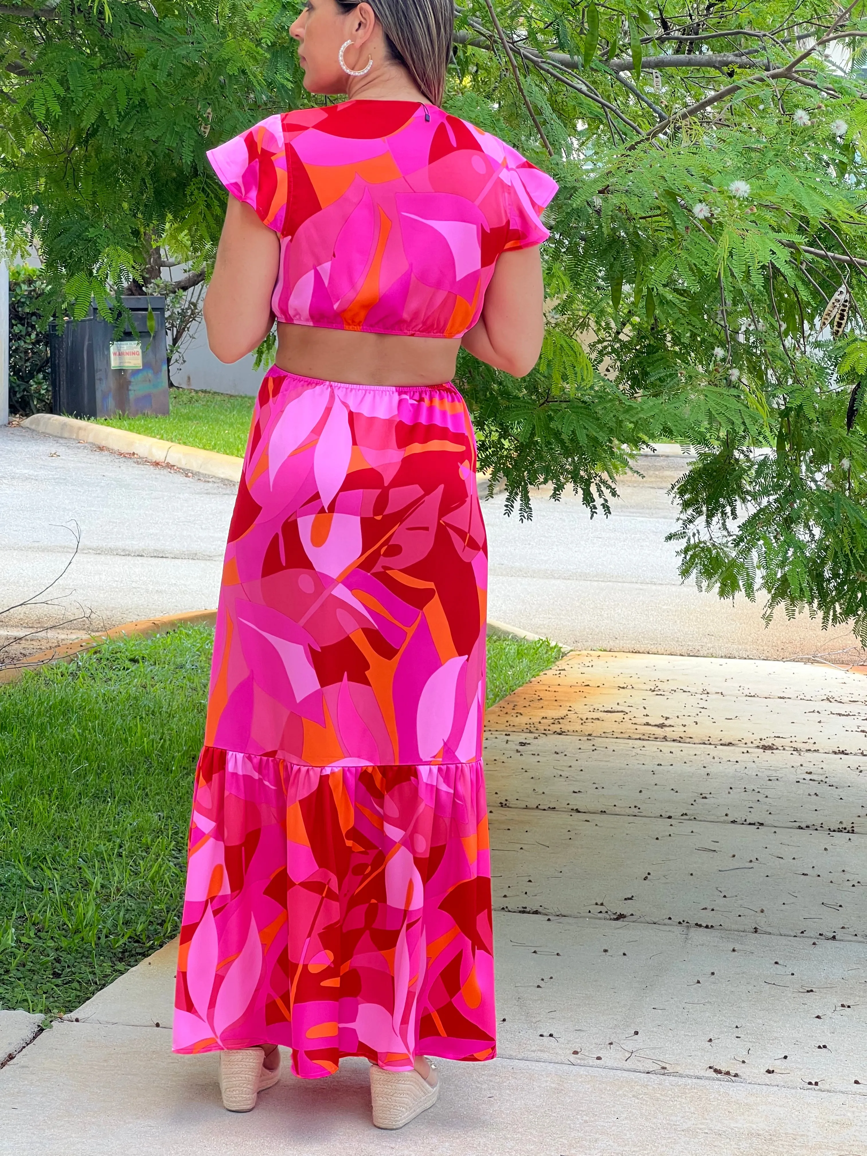 "Bari" Sangria Abstract O-Ring Cut Out Midi Dress