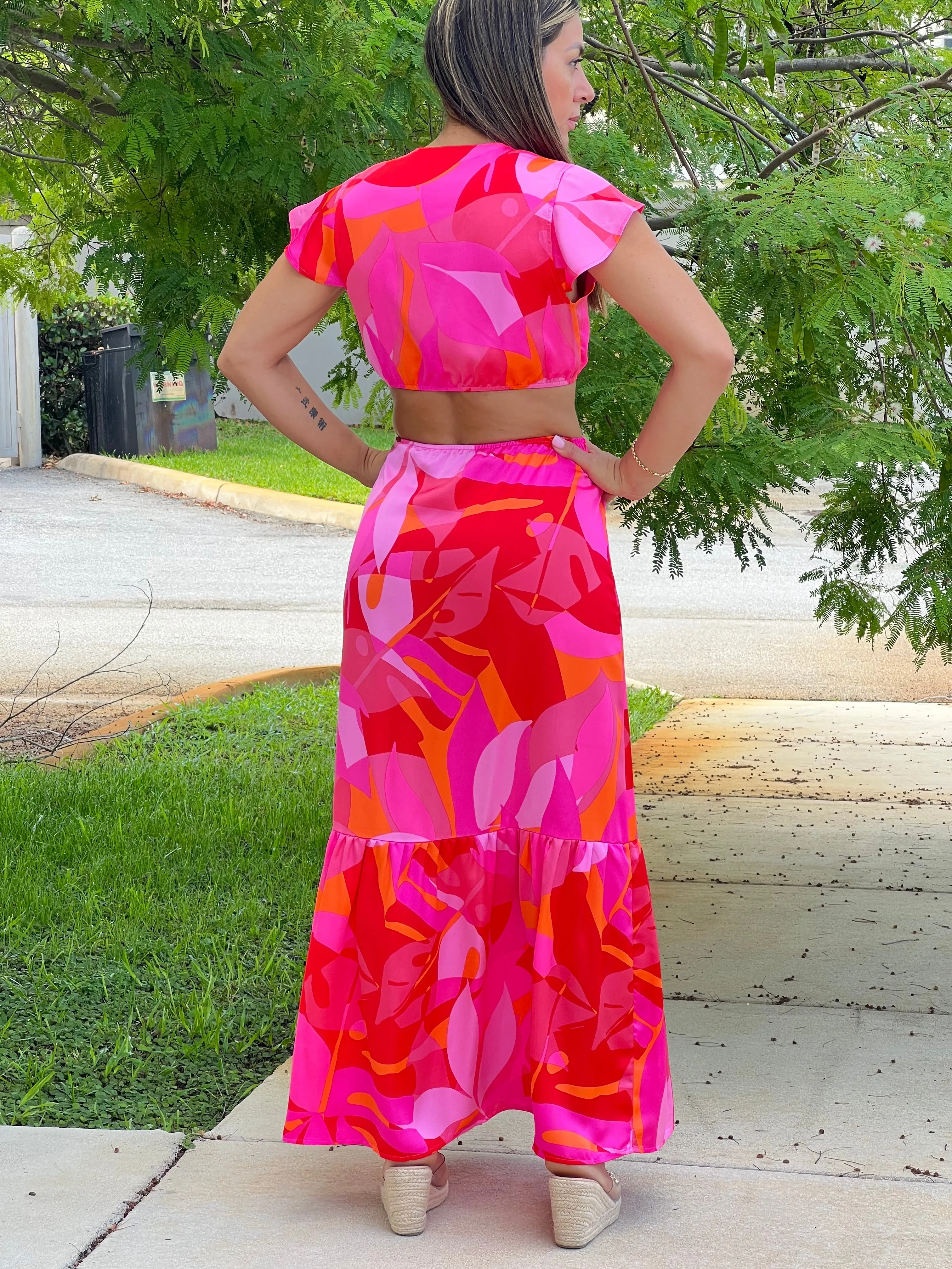 "Bari" Sangria Abstract O-Ring Cut Out Midi Dress
