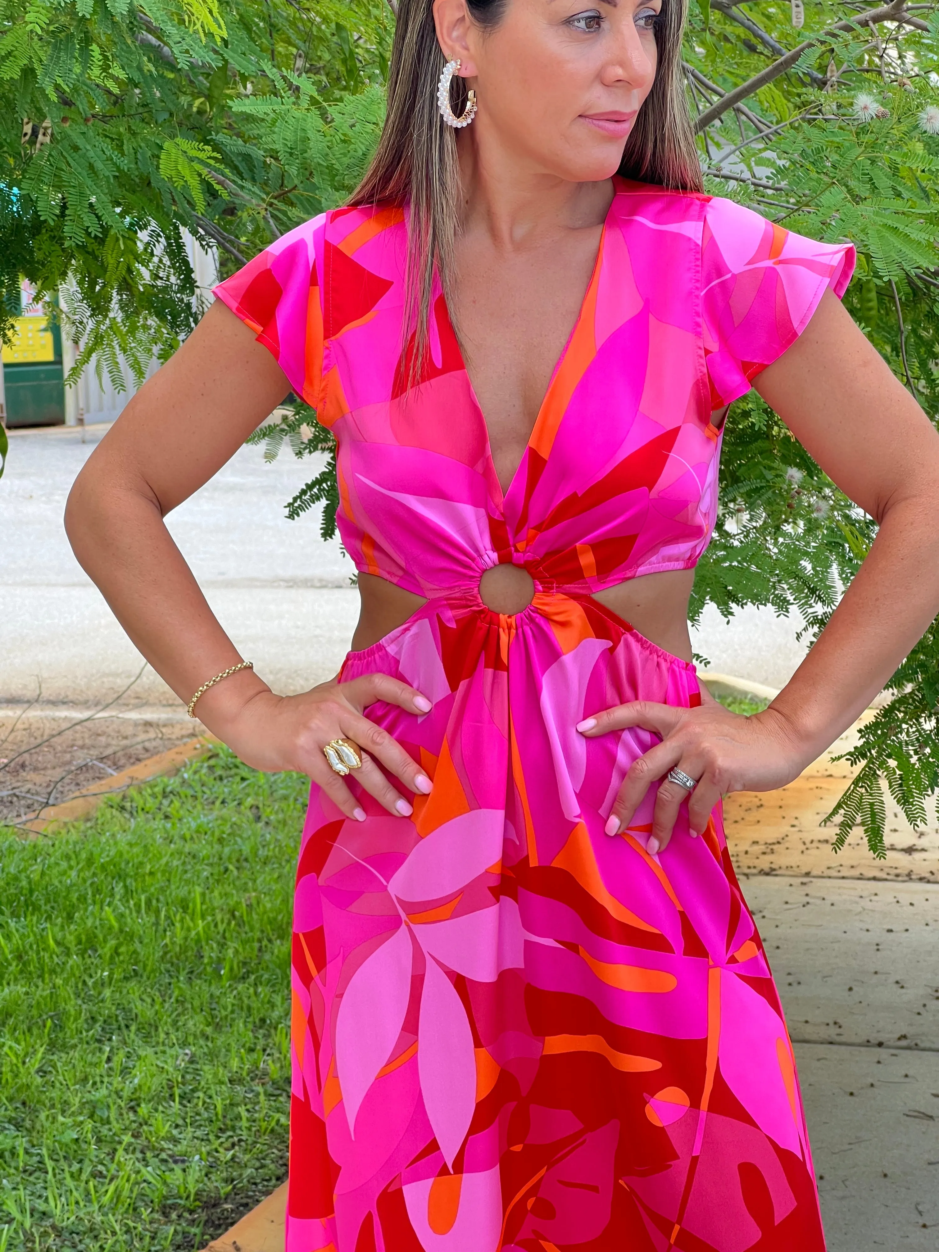 "Bari" Sangria Abstract O-Ring Cut Out Midi Dress