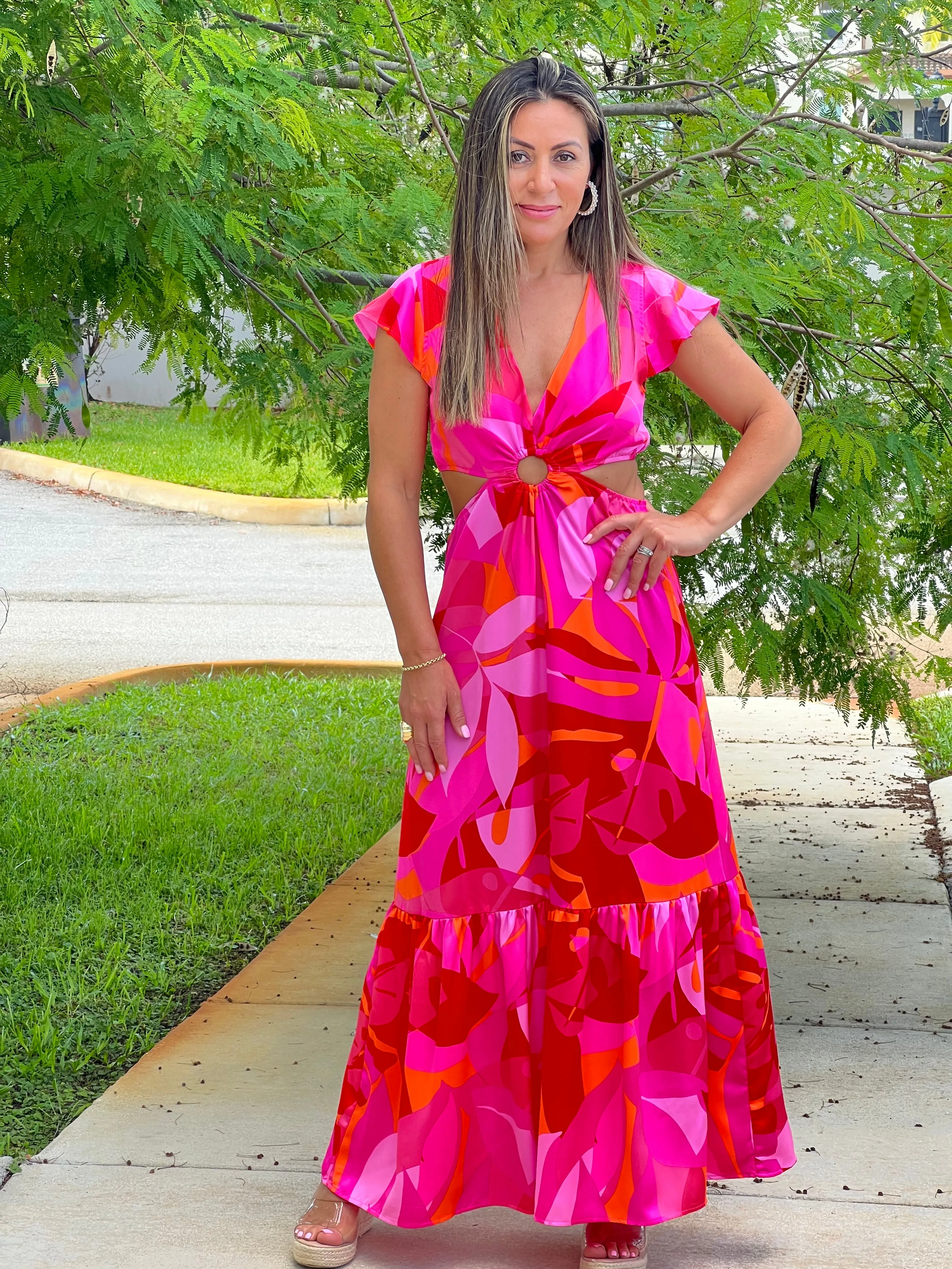 "Bari" Sangria Abstract O-Ring Cut Out Midi Dress