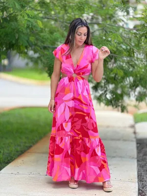 "Bari" Sangria Abstract O-Ring Cut Out Midi Dress