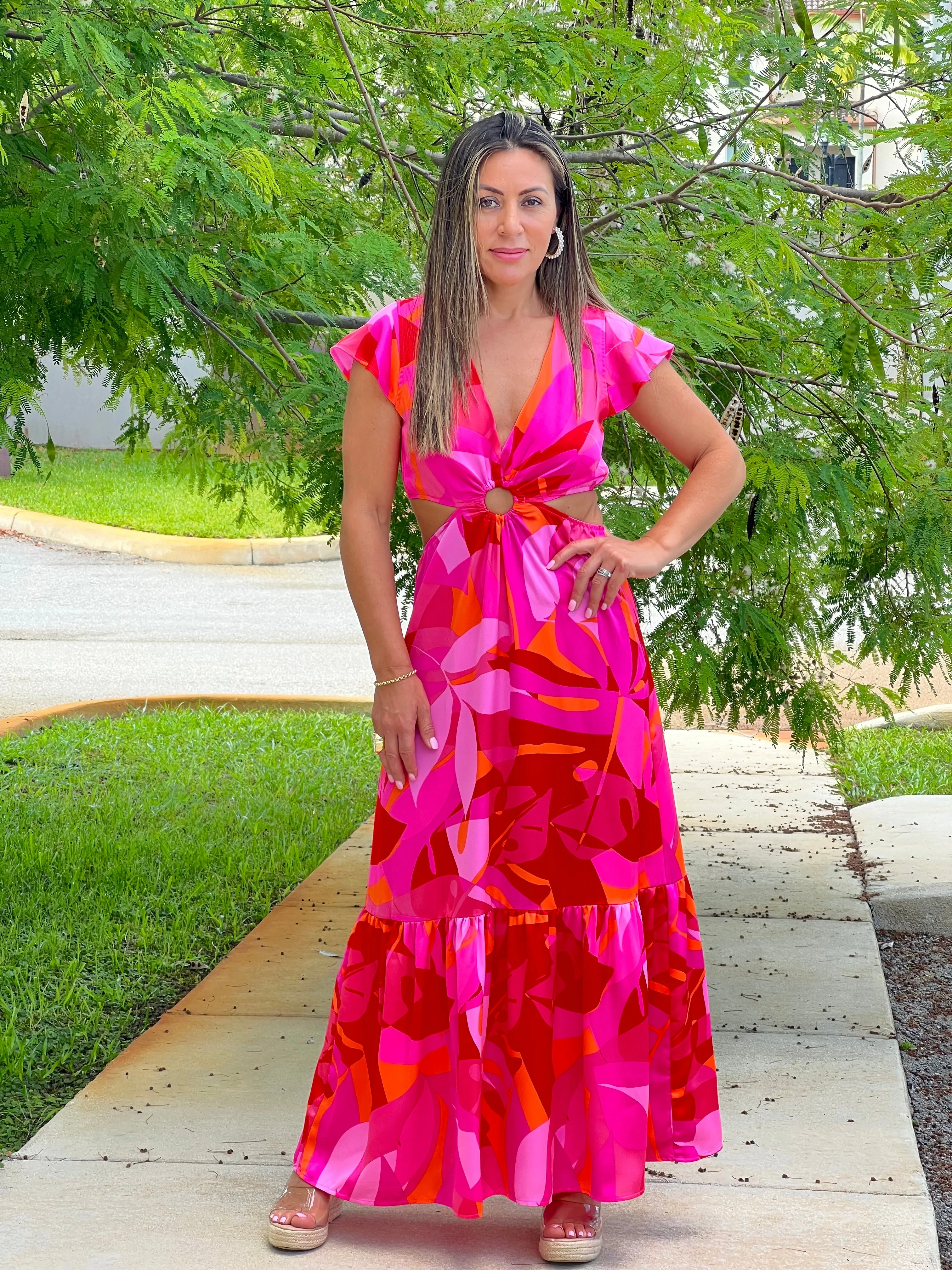 "Bari" Sangria Abstract O-Ring Cut Out Midi Dress