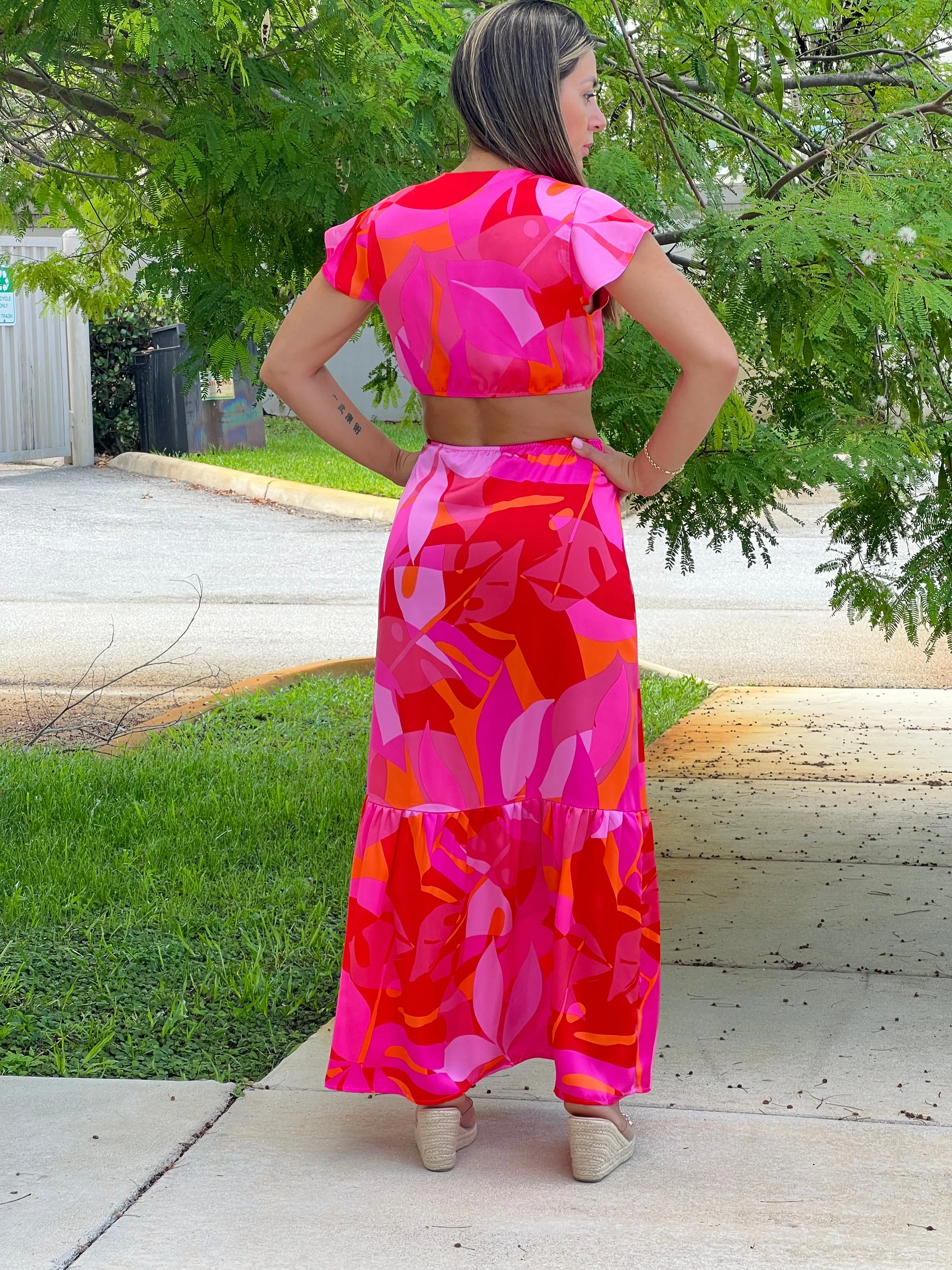 "Bari" Sangria Abstract O-Ring Cut Out Midi Dress