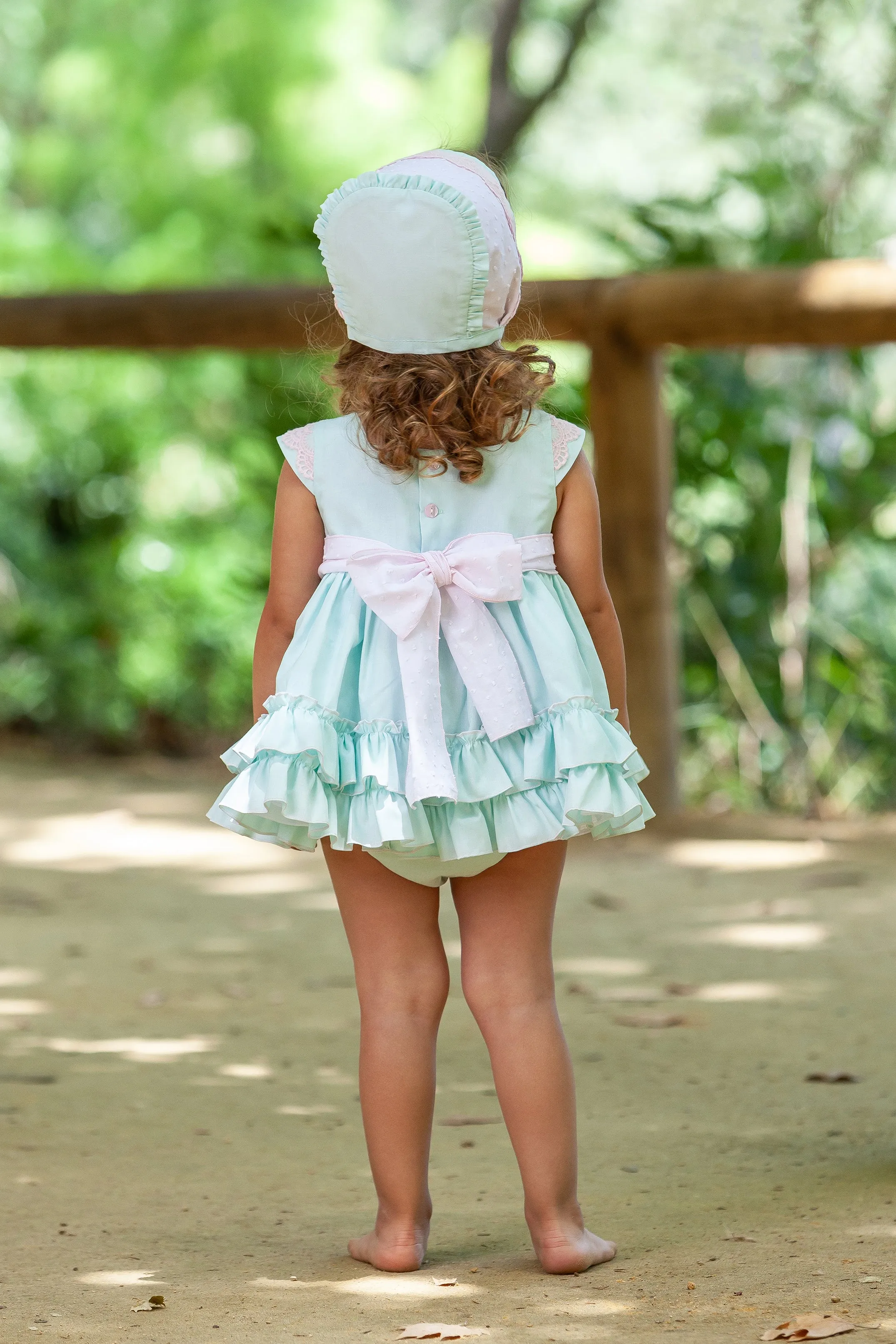 "Emmy" Mint Green Dress, Bonnet & Bloomers