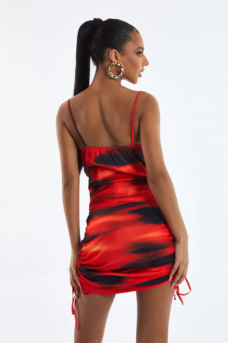 Red Abstract Print Cowl Neck Side Ruched Mini Dress - Vida