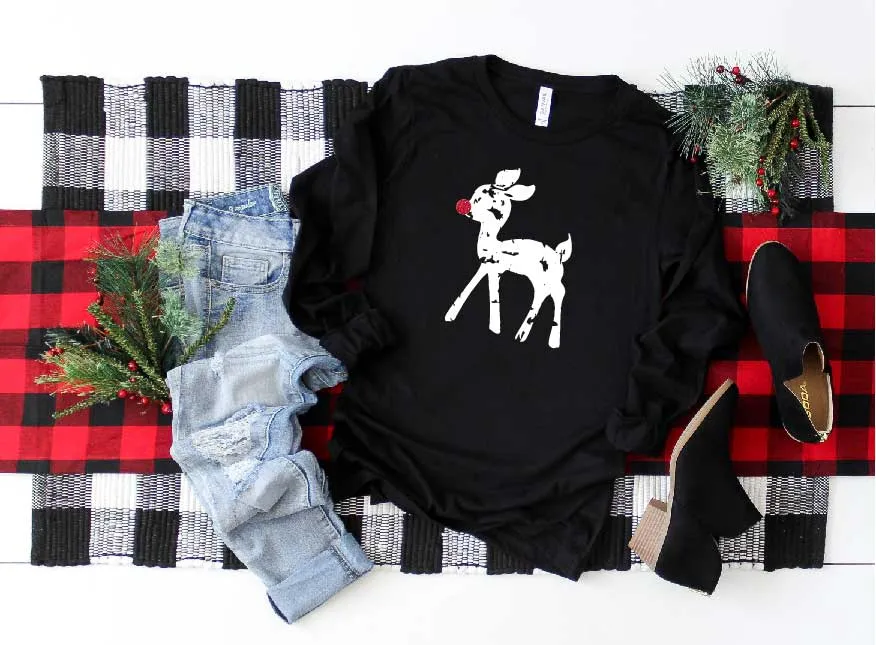 Red Glitter Reindeer Christmas Long Sleeve Shirt