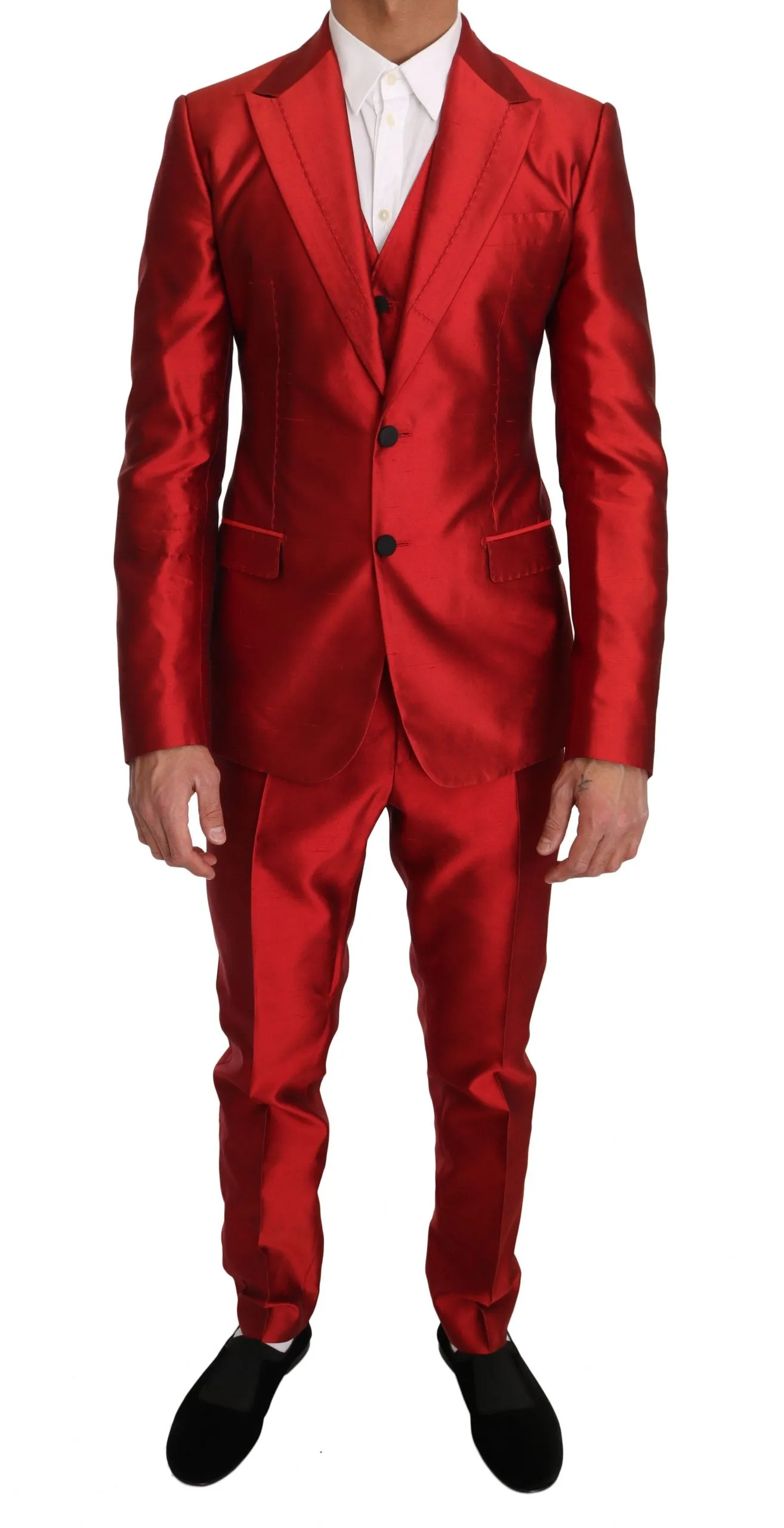 Red Silk Slim Fit 3 Piece Two Button Suit