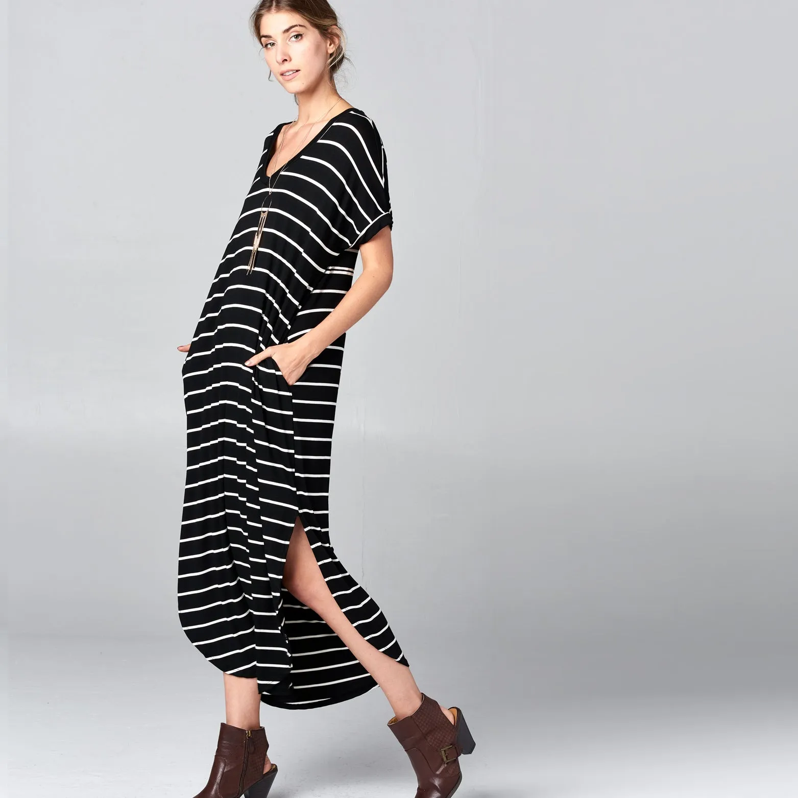 RL Black White Striped Maxi Dress