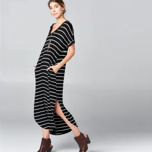 RL Black White Striped Maxi Dress