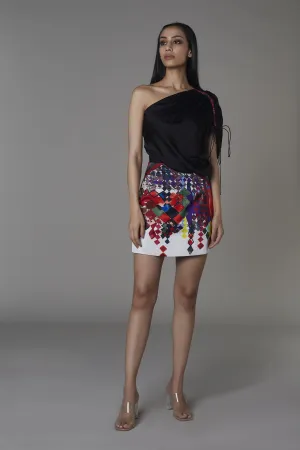 Saaksha & KinniÂ    I   AK and solid black one shoulder skirt dress Satin Black / Multi SS22119