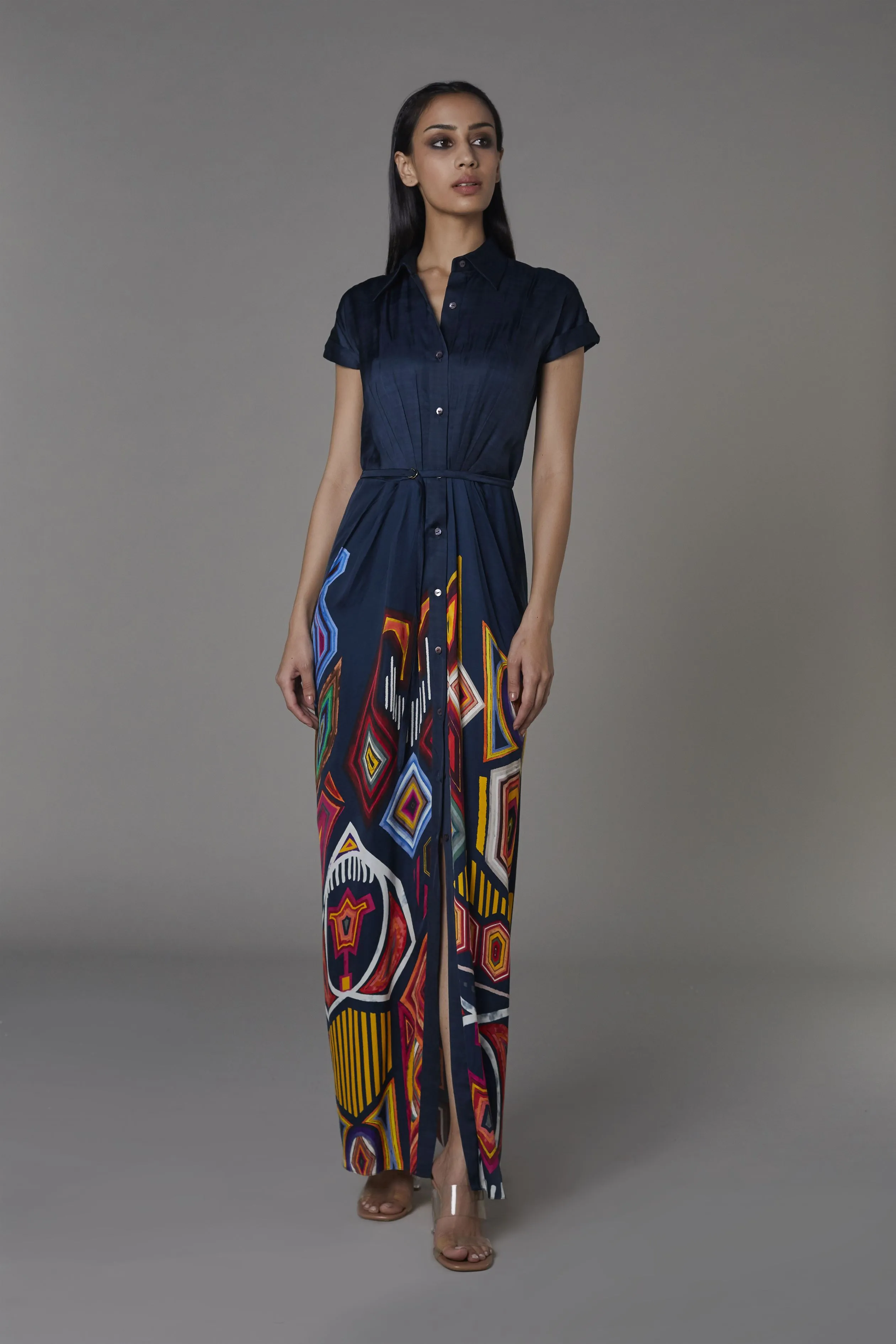 Saaksha & KinniÂ    I   Solid navy blue top and mix booti shirt dress  Satin Navy blue / Multi SS2017