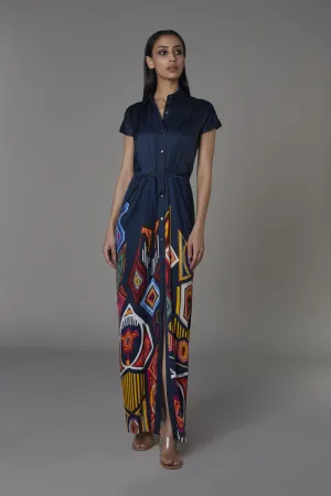 Saaksha & KinniÂ    I   Solid navy blue top and mix booti shirt dress  Satin Navy blue / Multi SS2017