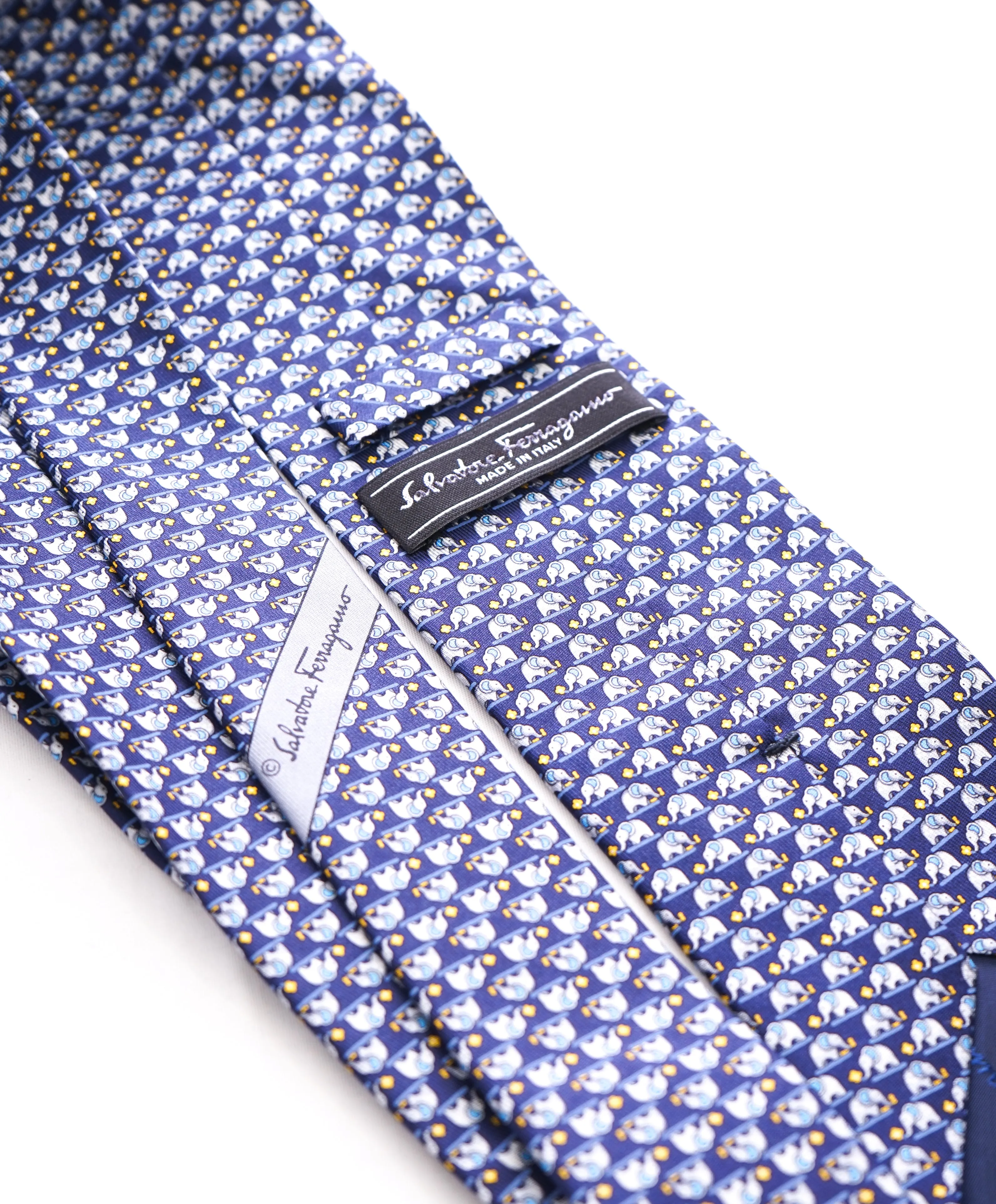 SALVATORE FERRAGAMO -Navy & Yellow Elephant Print Tie  -
