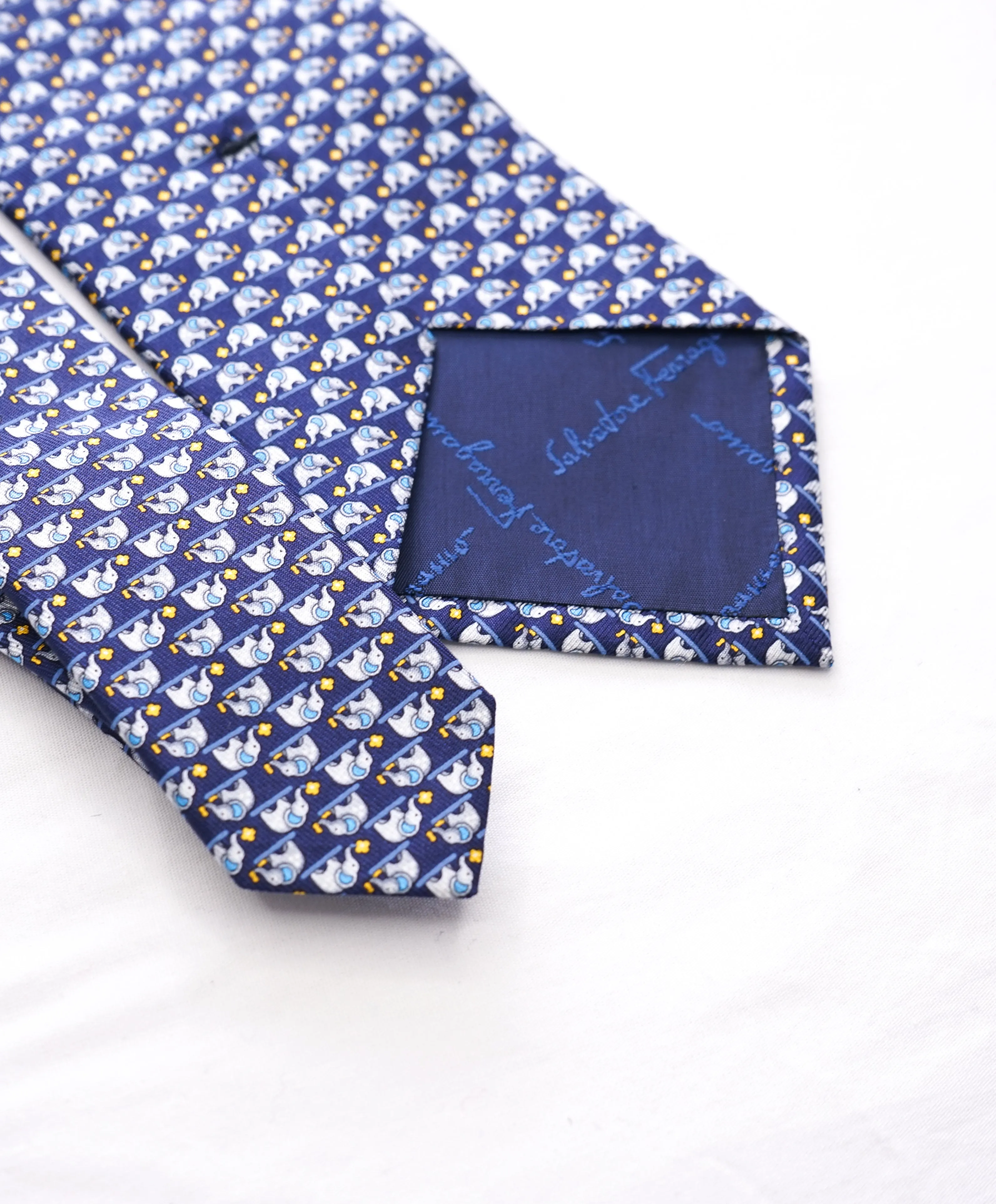 SALVATORE FERRAGAMO -Navy & Yellow Elephant Print Tie  -