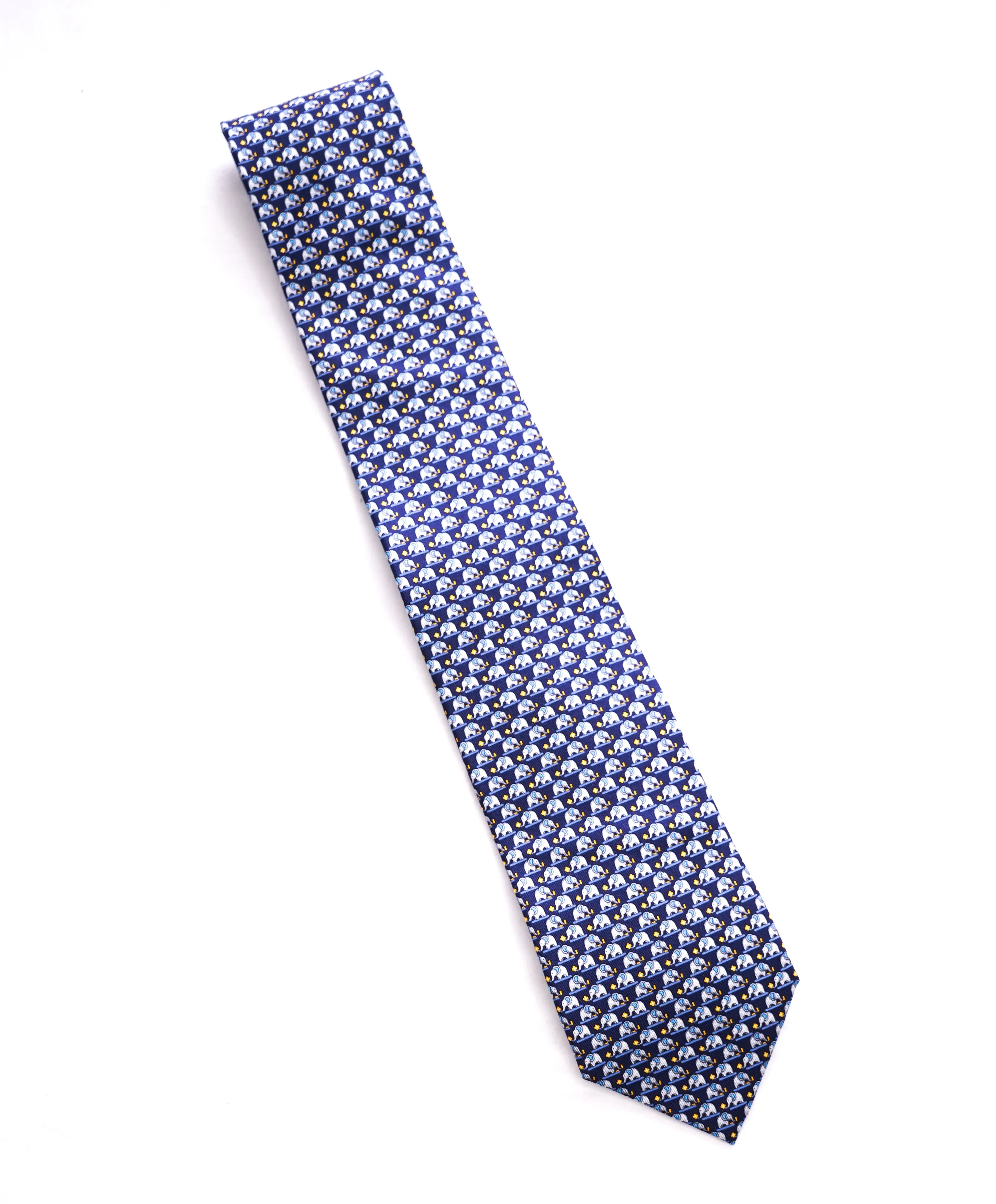 SALVATORE FERRAGAMO -Navy & Yellow Elephant Print Tie  -
