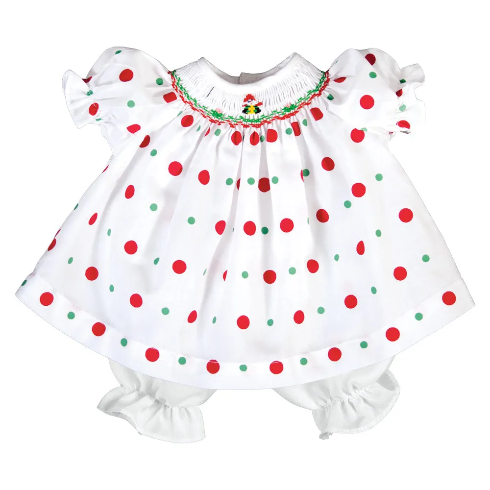 Santa Present White Multi Dot Smocked Doll Dress