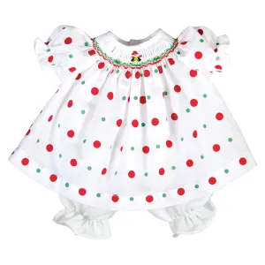 Santa Present White Multi Dot Smocked Doll Dress