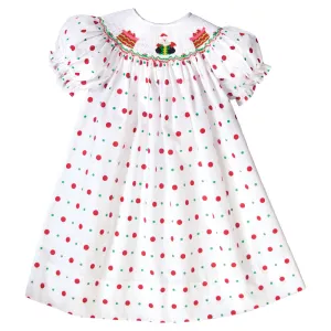 Santa Presents White Multi Dot Smocked Bishop