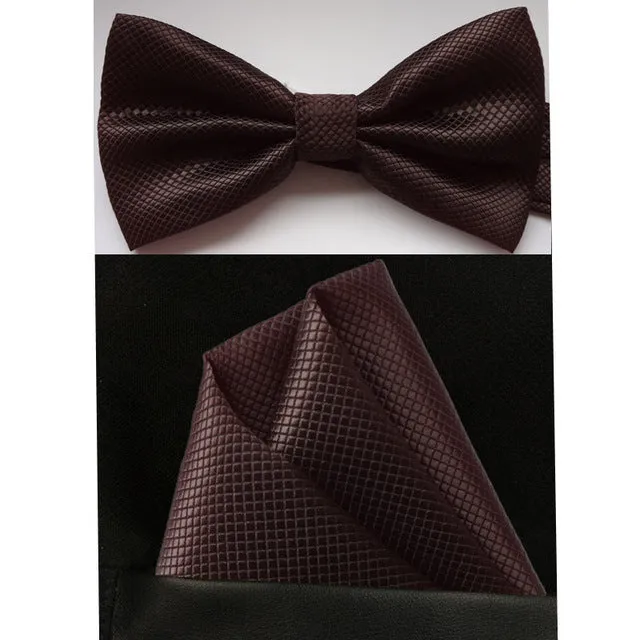 SHENNAIWEI silk Solid Business bowtie men vintage purple black yellow silver wedding bow tie pocket square handkerchief set lote