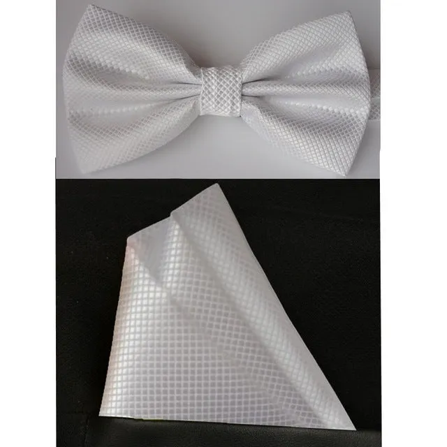 SHENNAIWEI silk Solid Business bowtie men vintage purple black yellow silver wedding bow tie pocket square handkerchief set lote