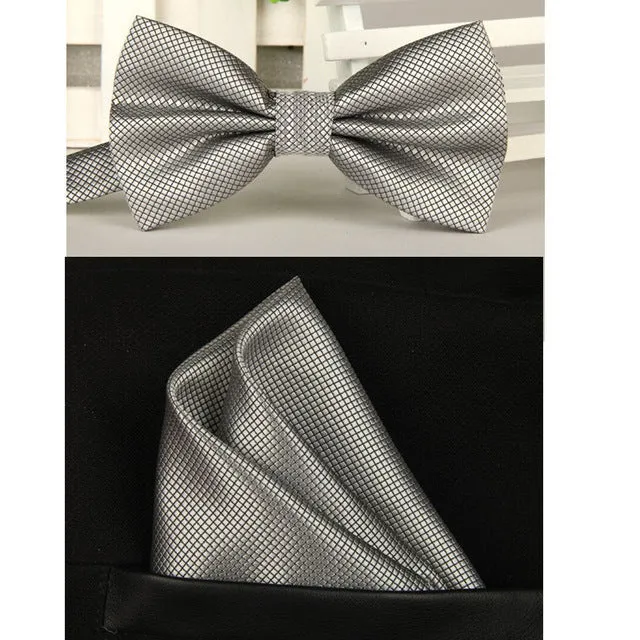 SHENNAIWEI silk Solid Business bowtie men vintage purple black yellow silver wedding bow tie pocket square handkerchief set lote
