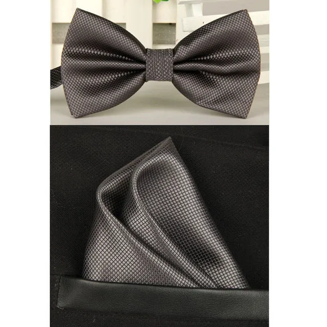 SHENNAIWEI silk Solid Business bowtie men vintage purple black yellow silver wedding bow tie pocket square handkerchief set lote