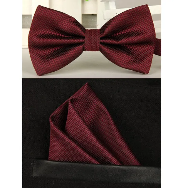 SHENNAIWEI silk Solid Business bowtie men vintage purple black yellow silver wedding bow tie pocket square handkerchief set lote
