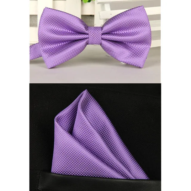 SHENNAIWEI silk Solid Business bowtie men vintage purple black yellow silver wedding bow tie pocket square handkerchief set lote
