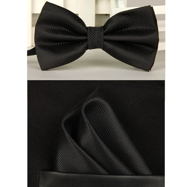 SHENNAIWEI silk Solid Business bowtie men vintage purple black yellow silver wedding bow tie pocket square handkerchief set lote