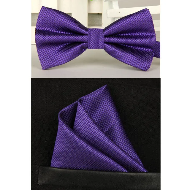SHENNAIWEI silk Solid Business bowtie men vintage purple black yellow silver wedding bow tie pocket square handkerchief set lote