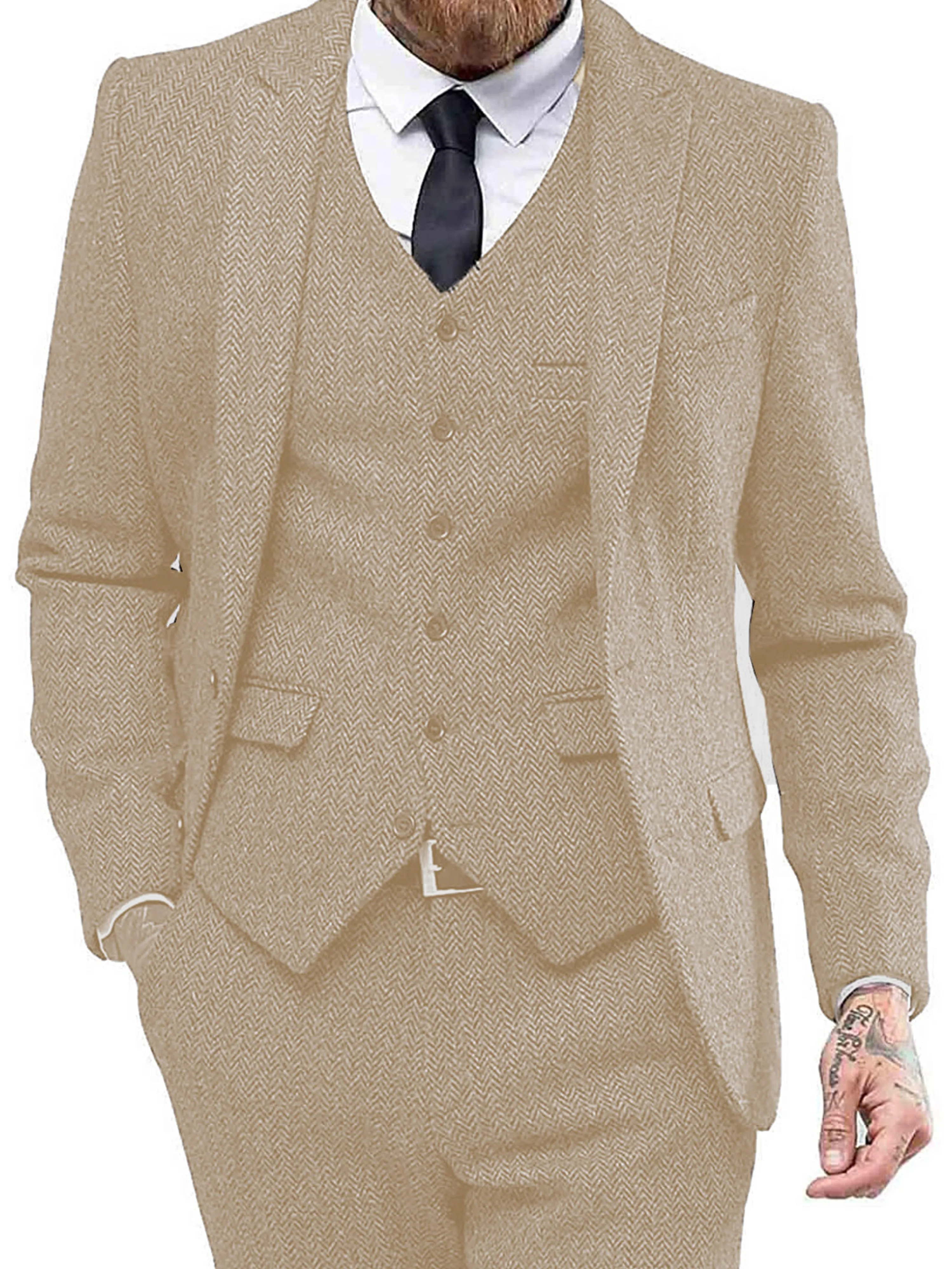 Solid Color Men's 3 Pieces Herringbone Print Slim Business Wedding Suits