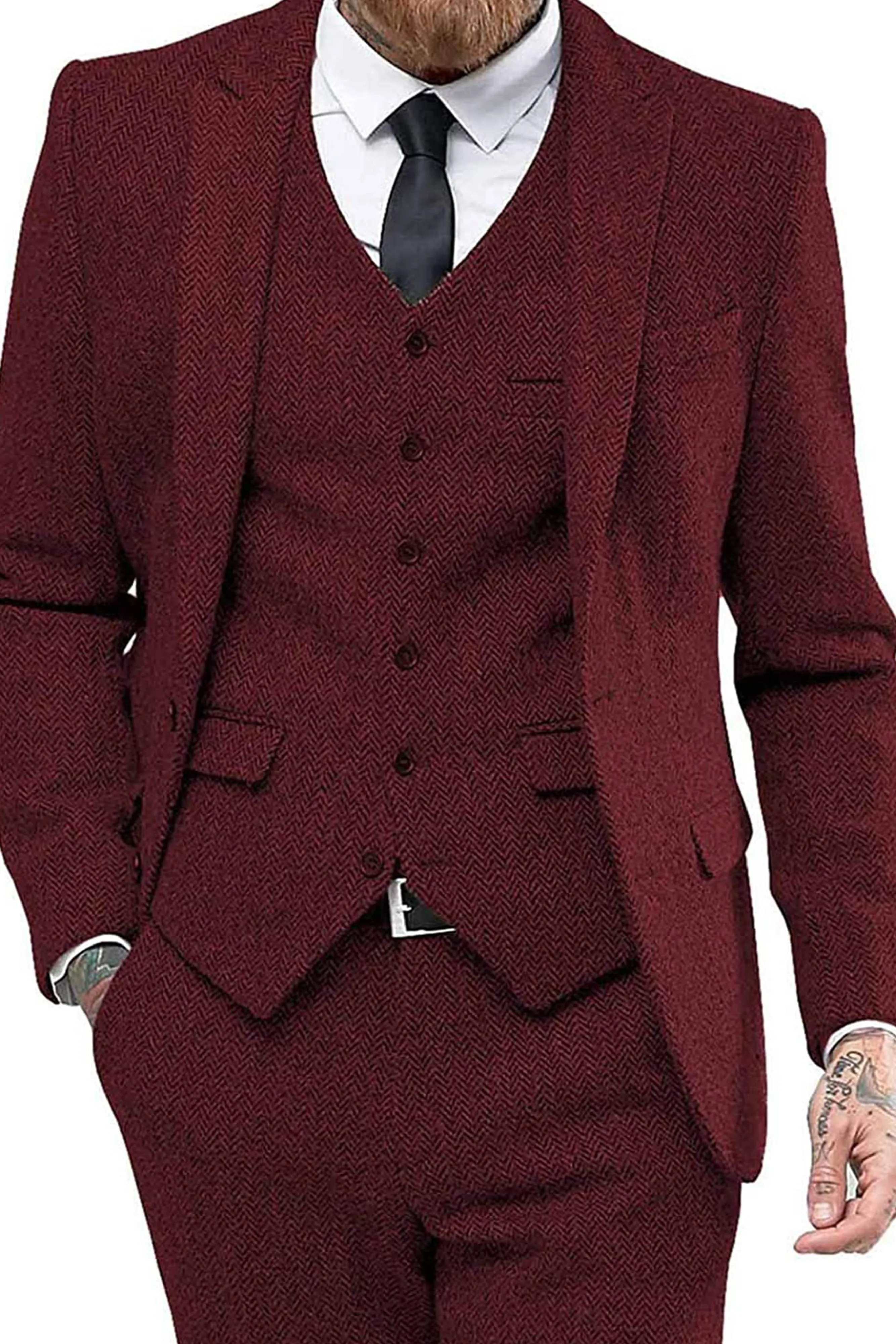 Solid Color Men's 3 Pieces Herringbone Print Slim Business Wedding Suits