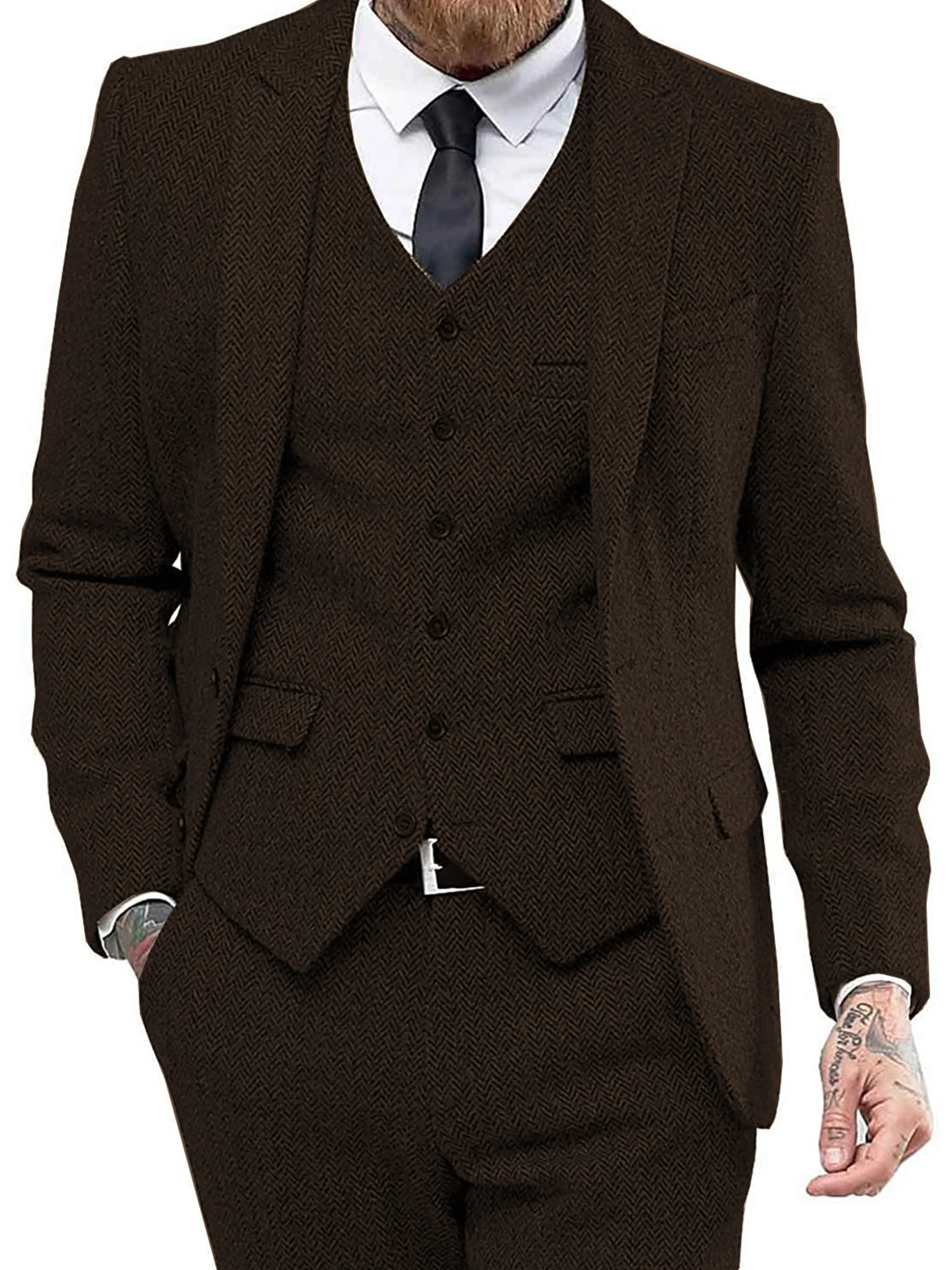 Solid Color Men's 3 Pieces Herringbone Print Slim Business Wedding Suits