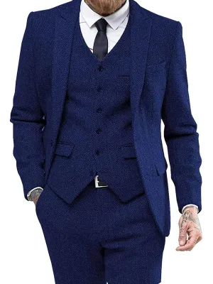 Solid Color Men's 3 Pieces Herringbone Print Slim Business Wedding Suits