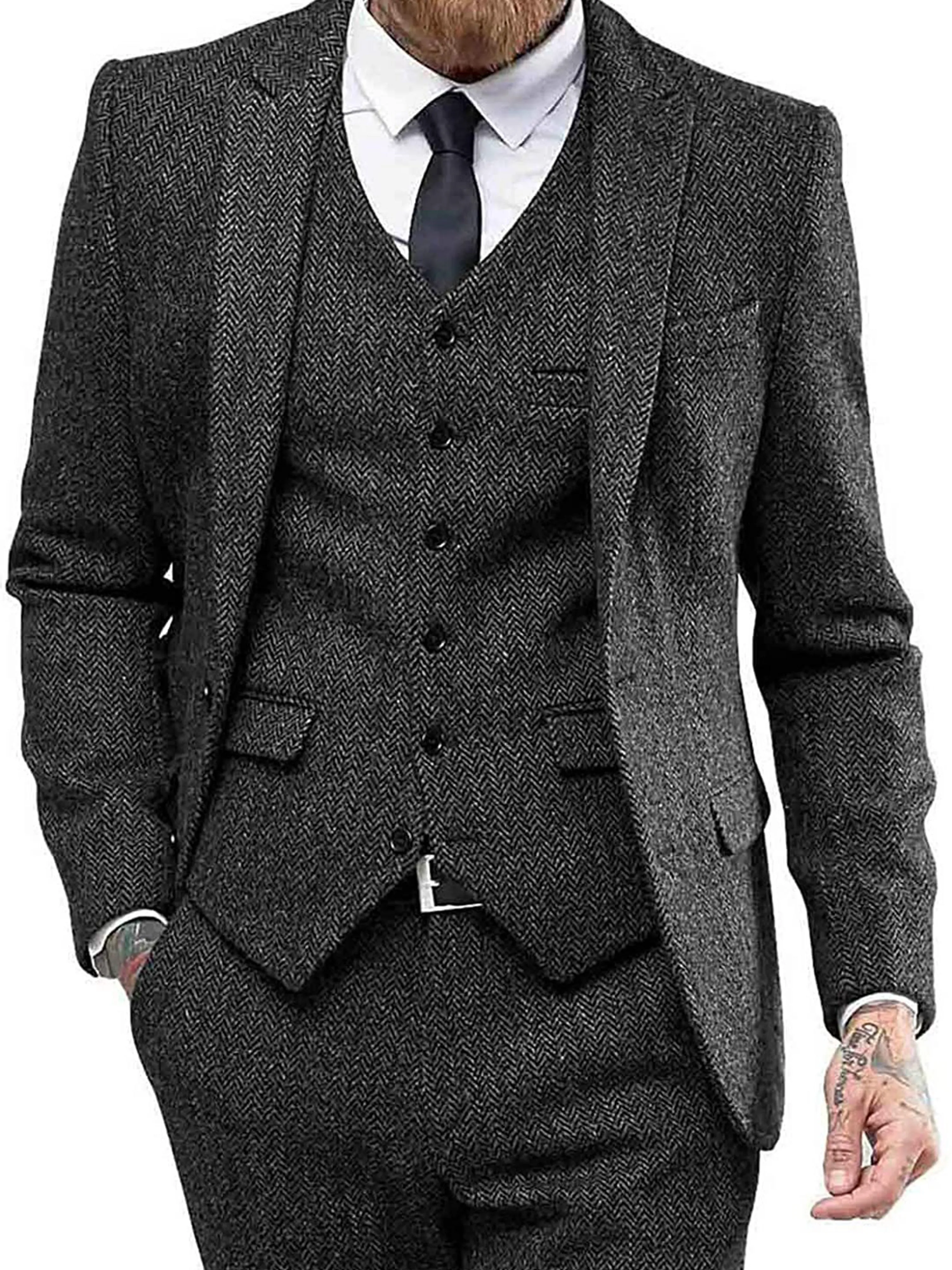 Solid Color Men's 3 Pieces Herringbone Print Slim Business Wedding Suits