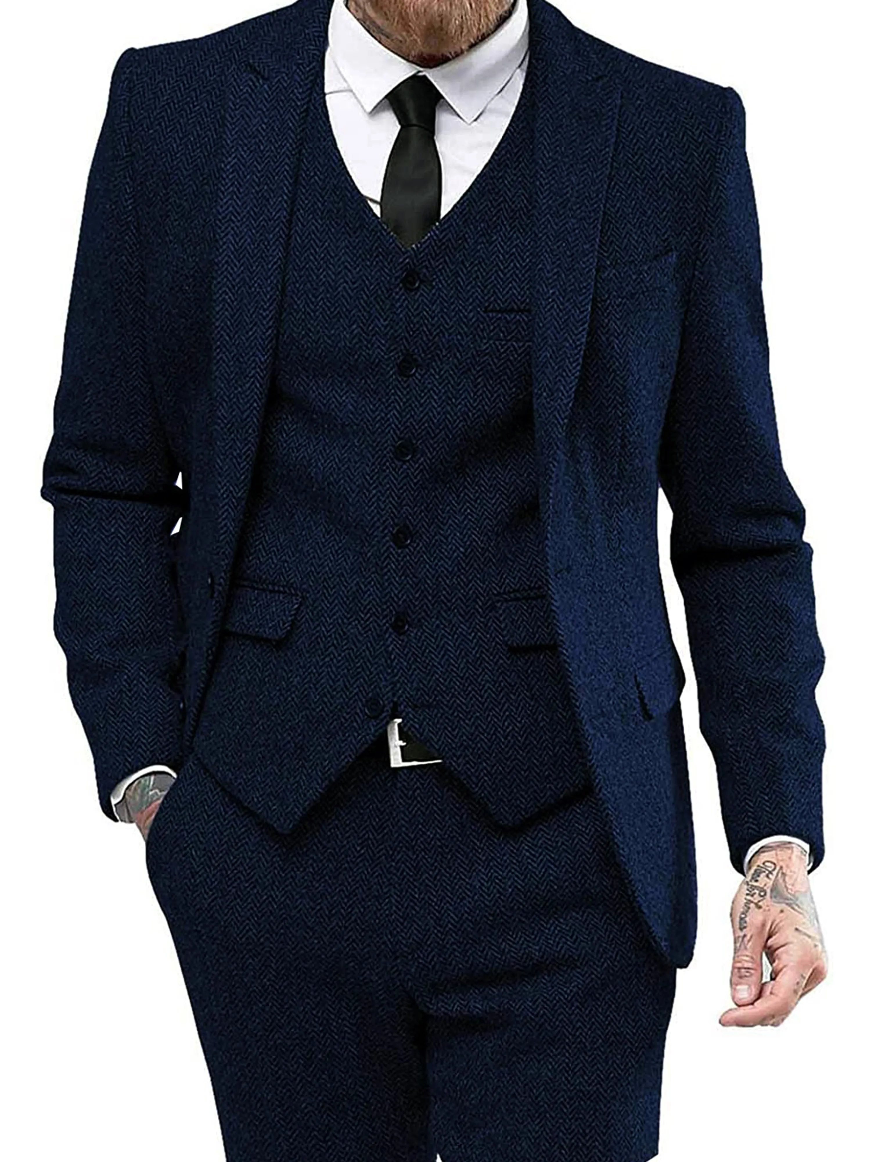 Solid Color Men's 3 Pieces Herringbone Print Slim Business Wedding Suits
