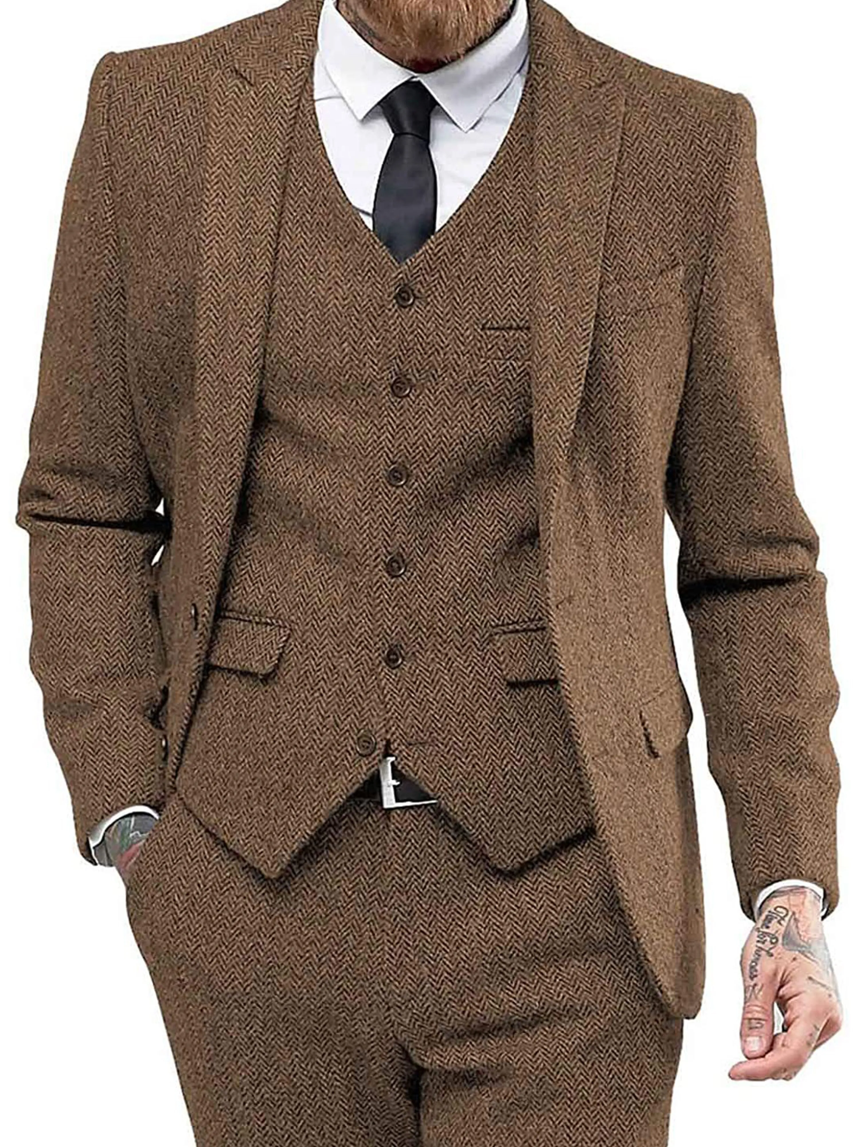 Solid Color Men's 3 Pieces Herringbone Print Slim Business Wedding Suits
