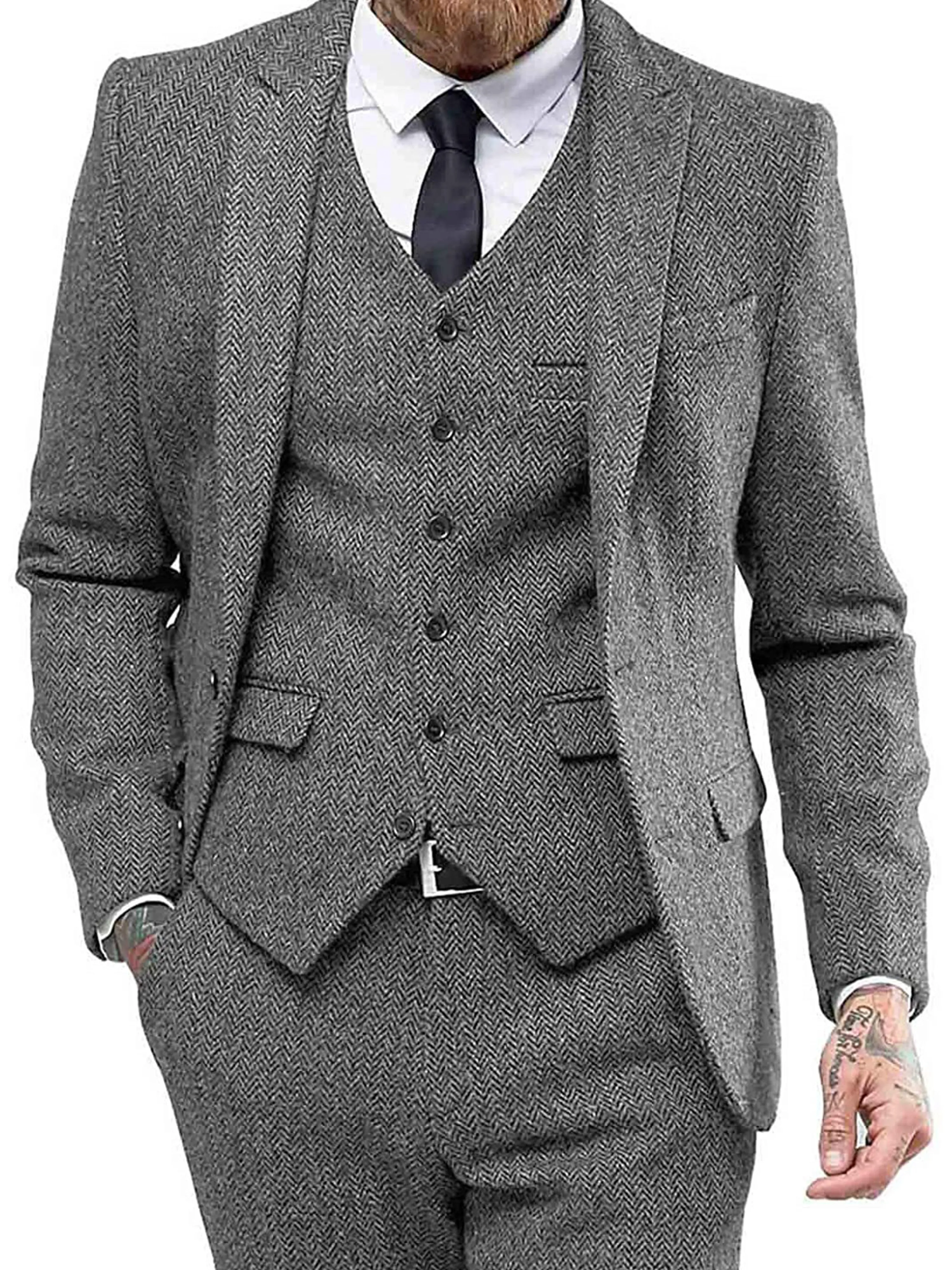 Solid Color Men's 3 Pieces Herringbone Print Slim Business Wedding Suits