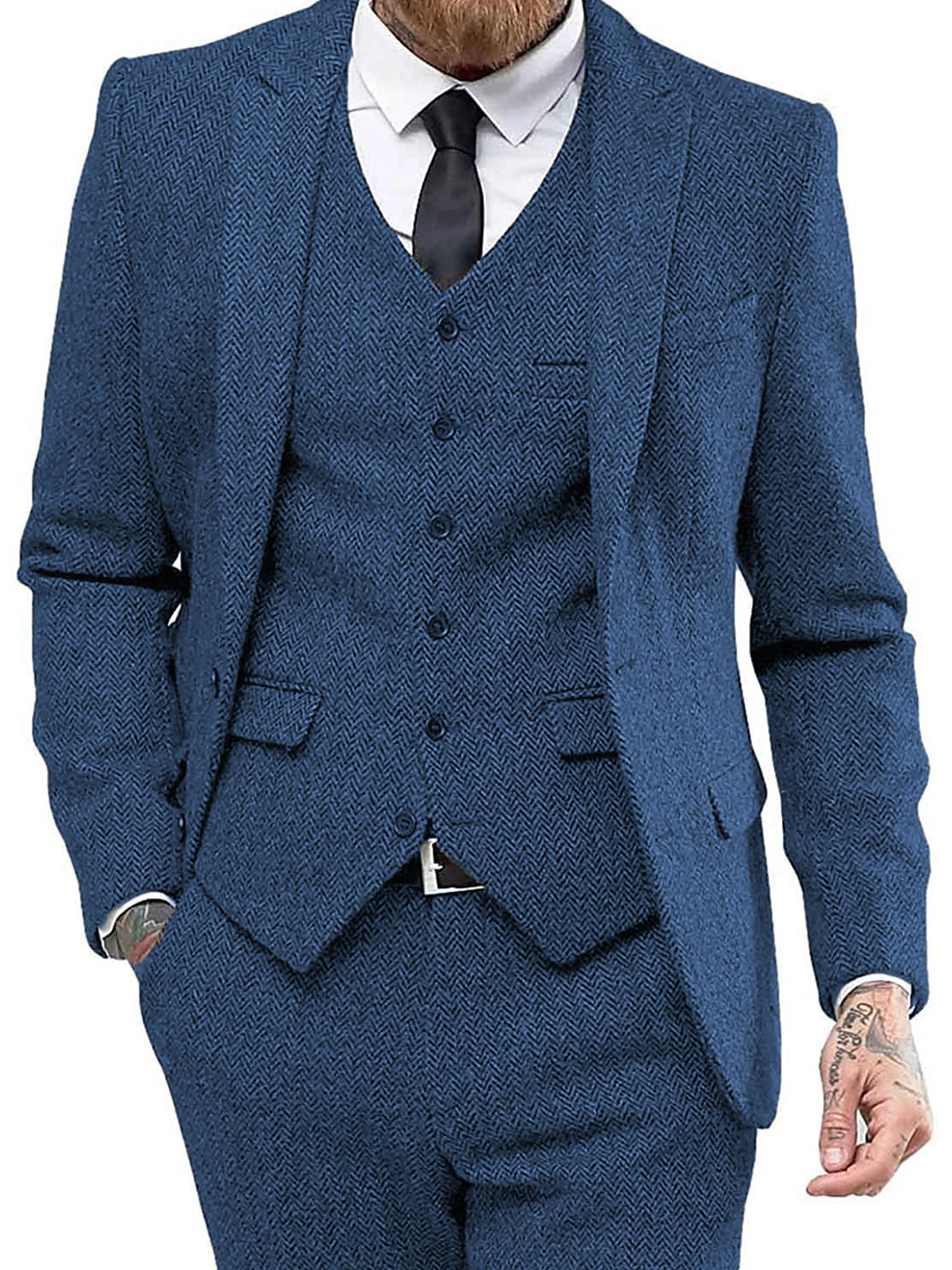 Solid Color Men's 3 Pieces Herringbone Print Slim Business Wedding Suits