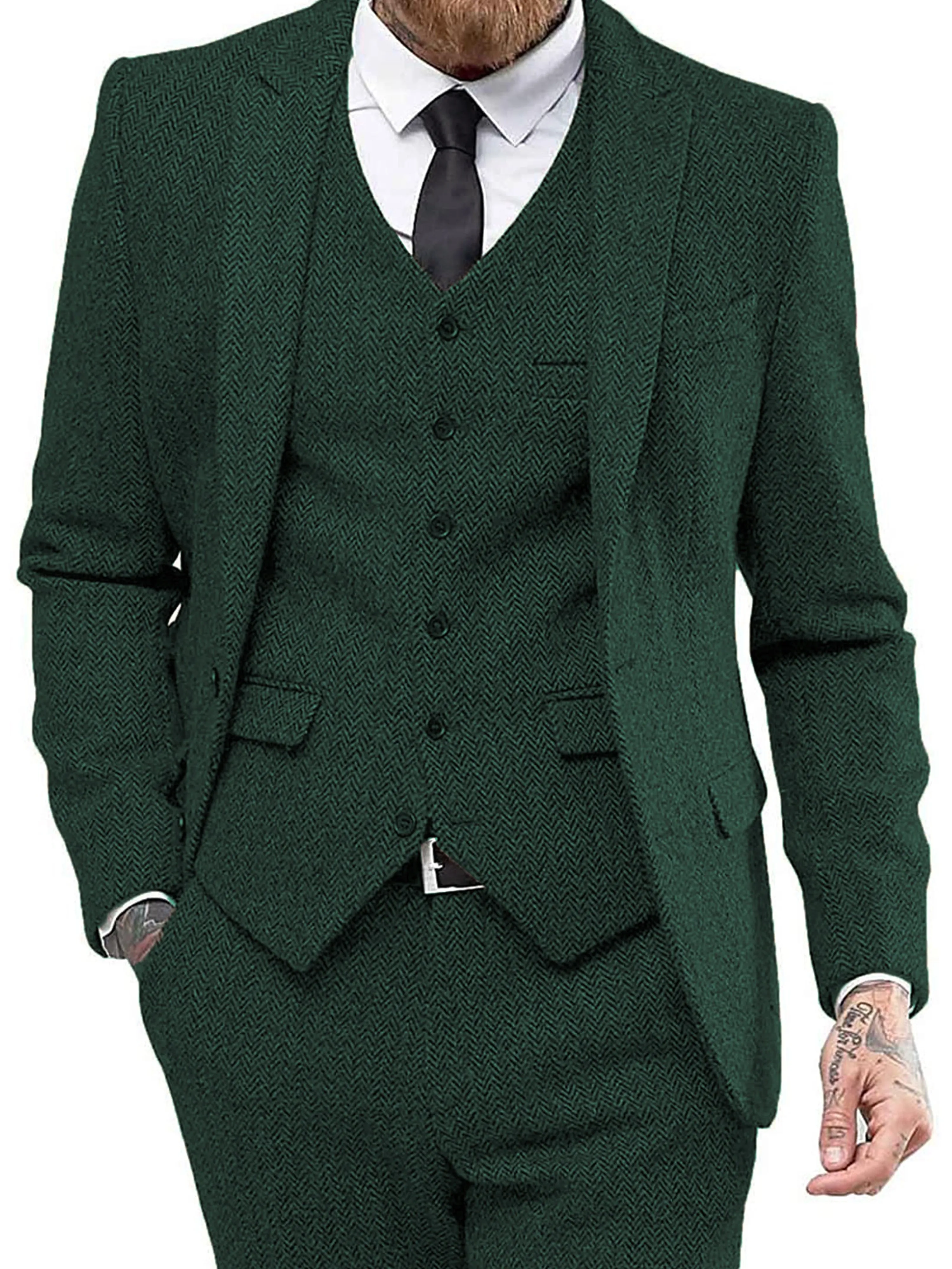 Solid Color Men's 3 Pieces Herringbone Print Slim Business Wedding Suits