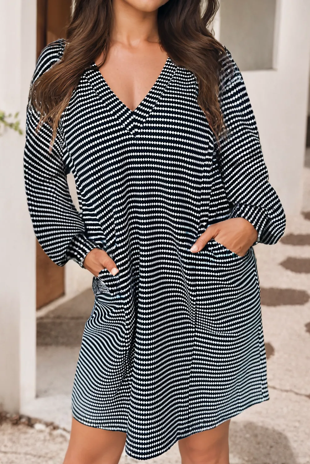 Stella Striped V Neck Long Puff Sleeve Shift Dress