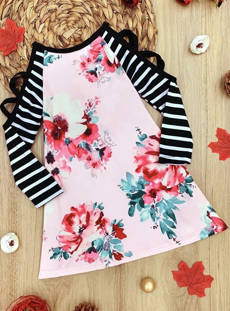 Strappy Stripe Cold Shoulder Floral Dress