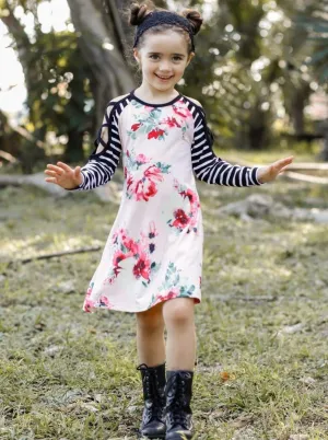 Strappy Stripe Cold Shoulder Floral Dress
