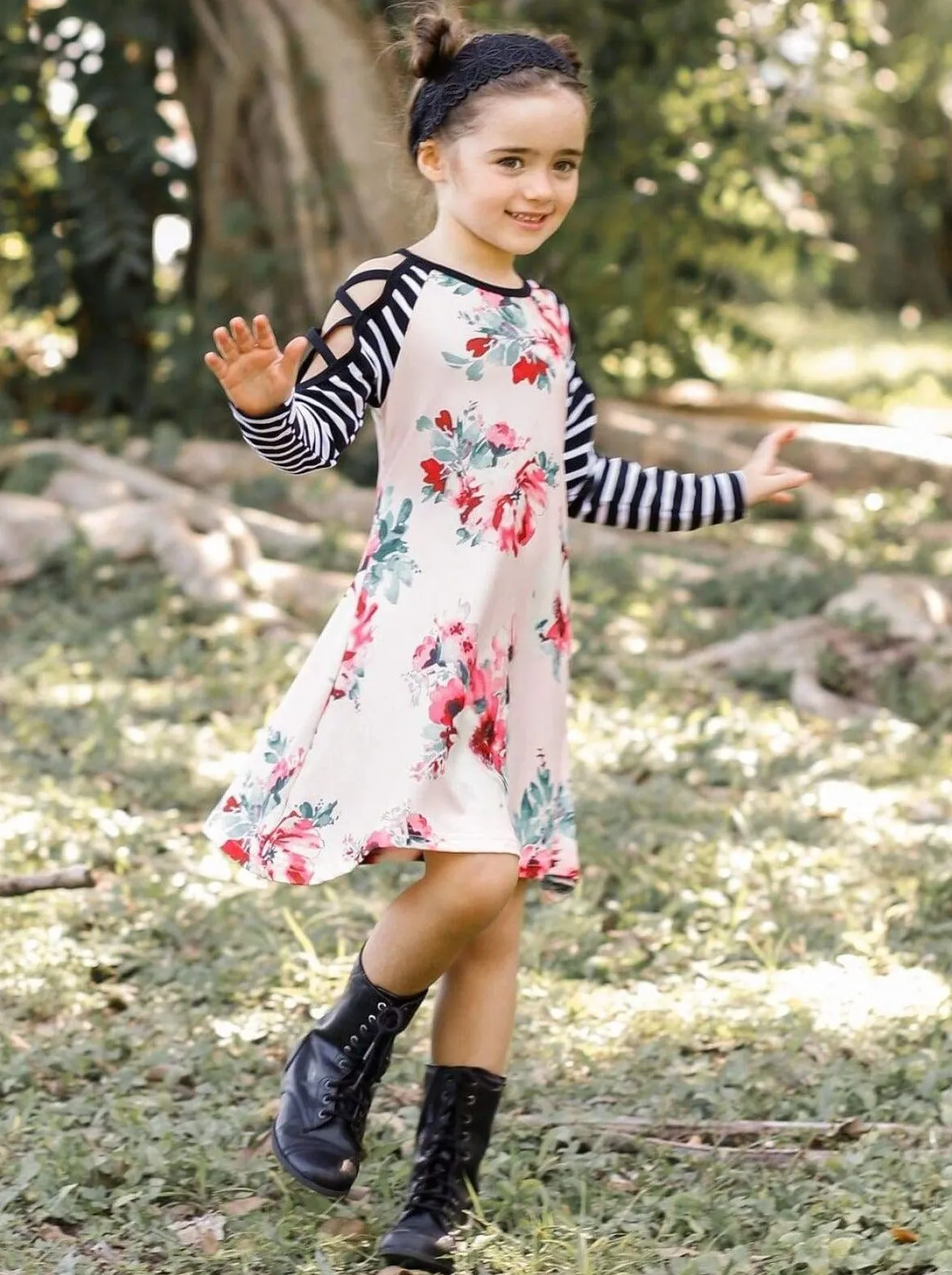 Strappy Stripe Cold Shoulder Floral Dress