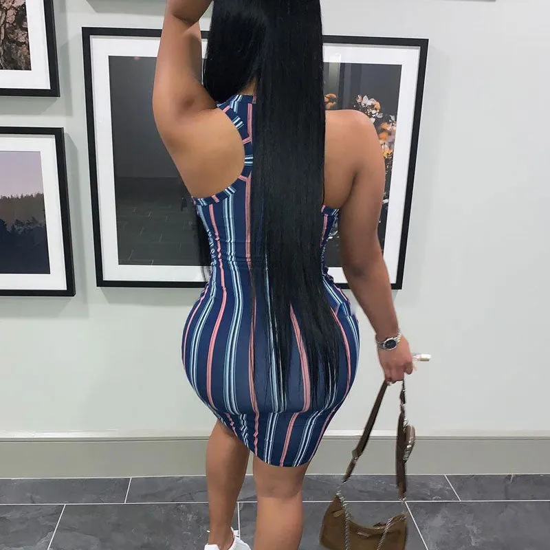 Striped Deep V-Neck Sleeveless Bodycon Dress