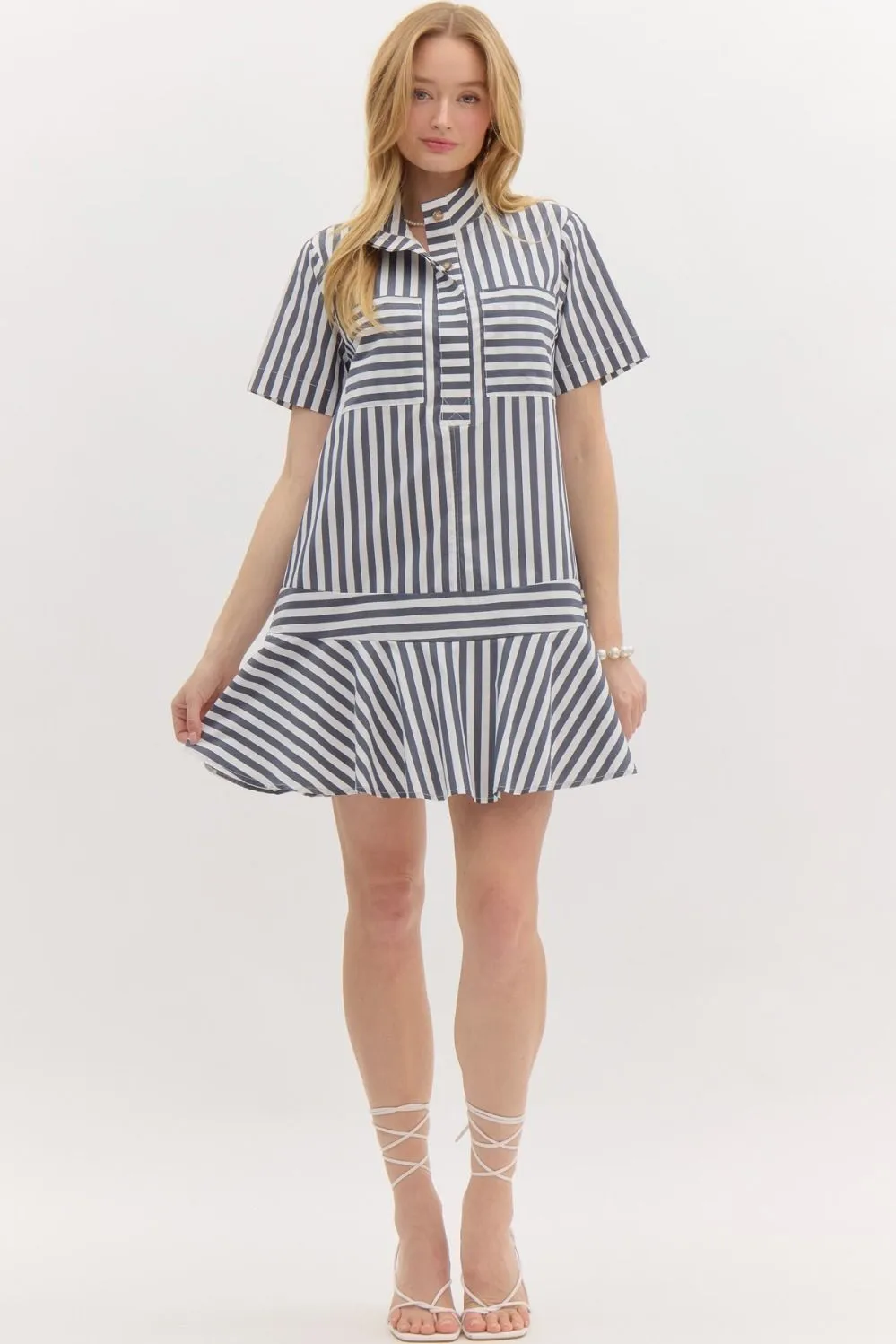 Striped Half Placket Swing Dress {Navy}