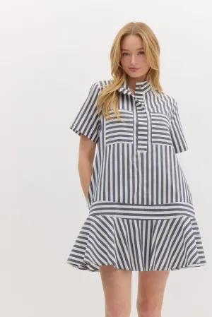 Striped Half Placket Swing Dress {Navy}