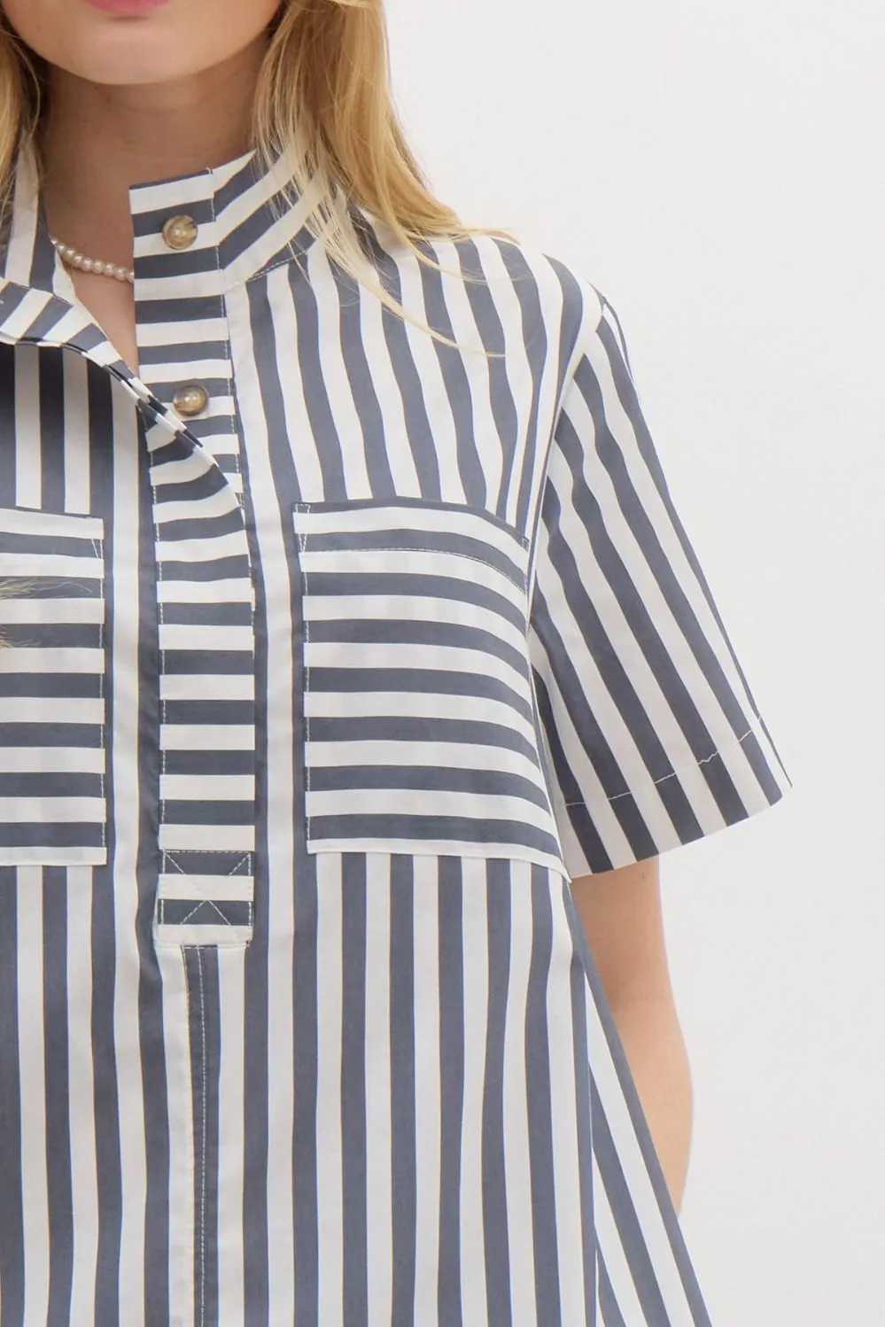 Striped Half Placket Swing Dress {Navy}